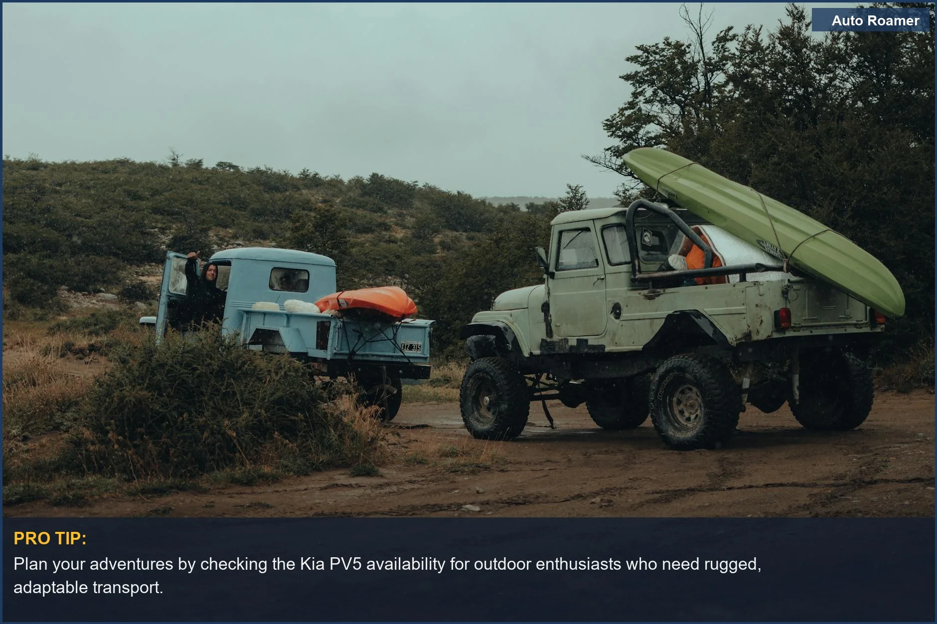 Dos camionetas 4x4 con kayaks, simbolizando el estilo de vida aventurero que la disponibilidad del Kia PV5 podría apoyar.