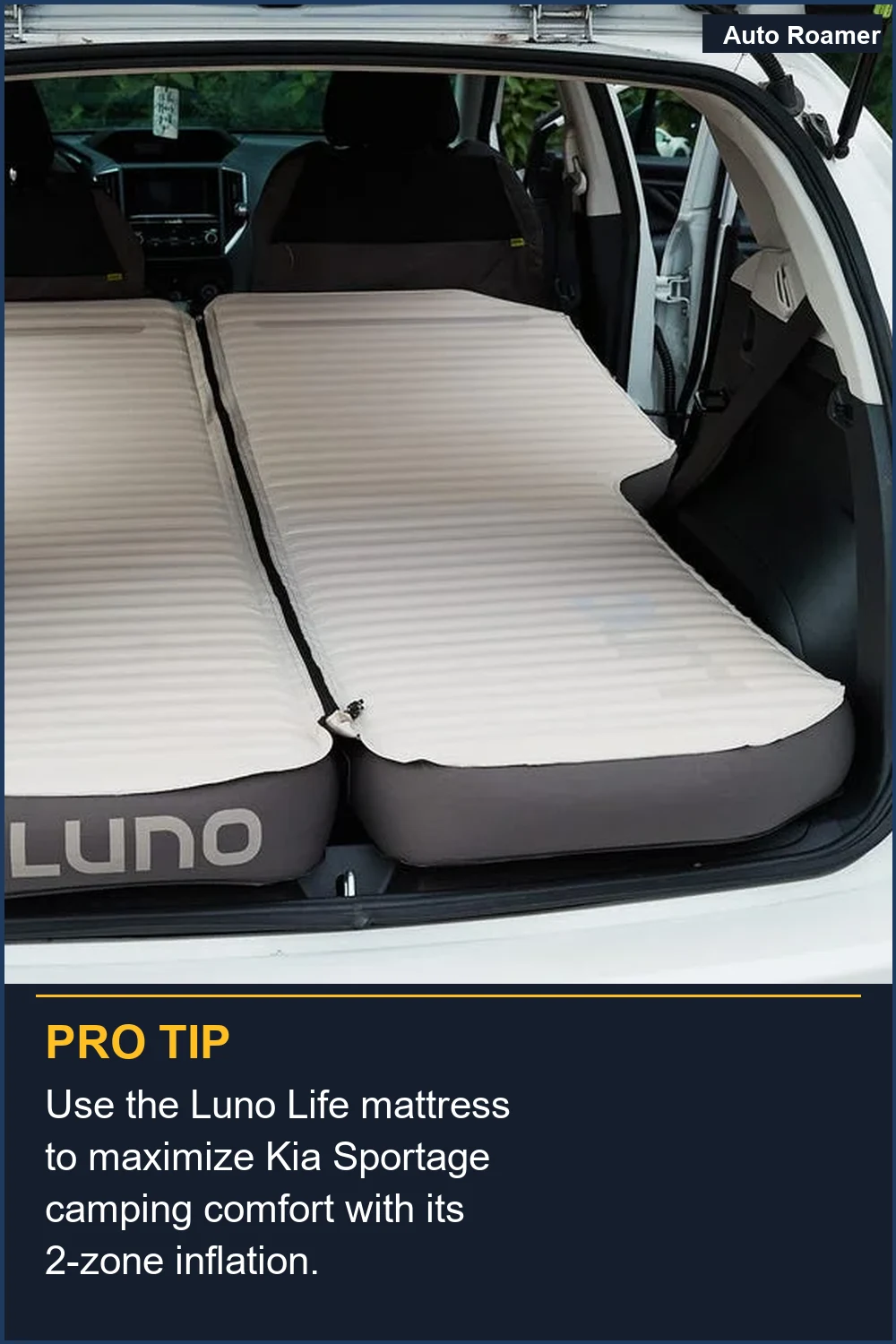 Use the Luno Life mattress to maximize Kia Sportage camping comfort with its 2-zone inflation.