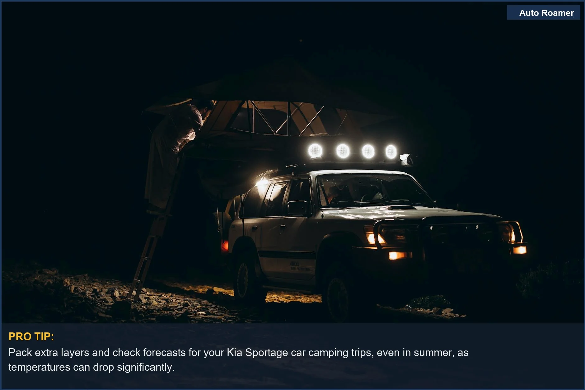 Cozy Kia Sportage car camping setup under the stars in Oman, showcasing adventure.