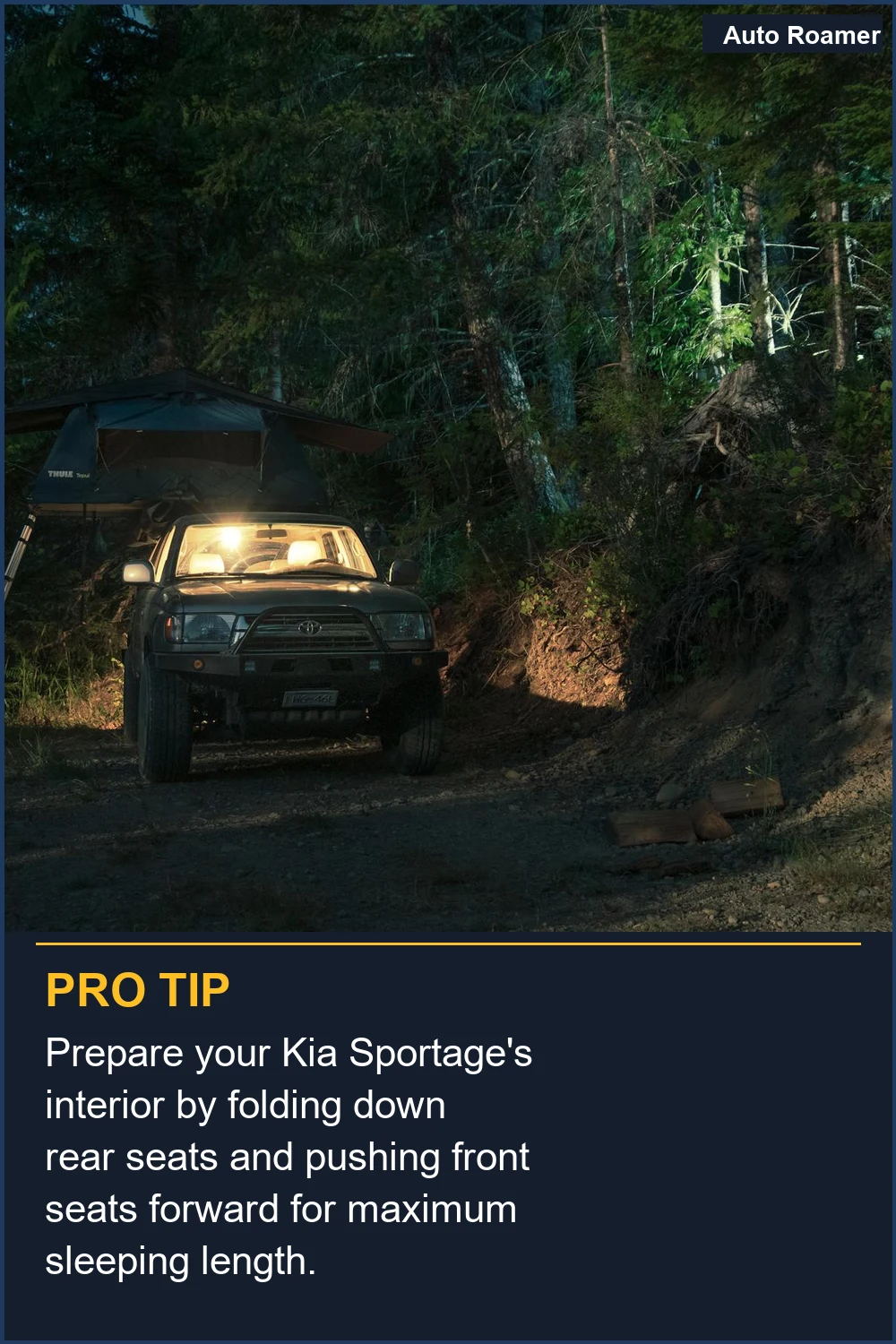 Prepare your Kia Sportage's interior by folding down rear seats and pushing front seats forward for maximum sleeping length.