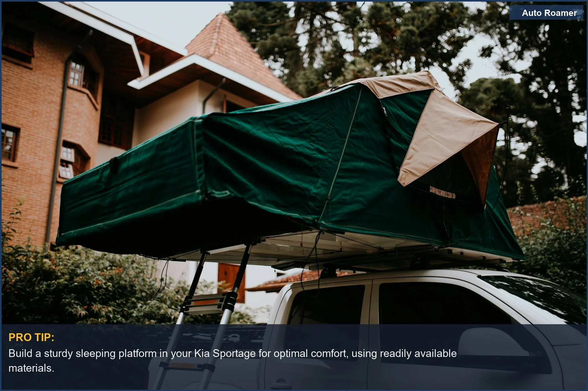 Setting up a rooftop tent for a Kia Sportage car camping adventure in nature.