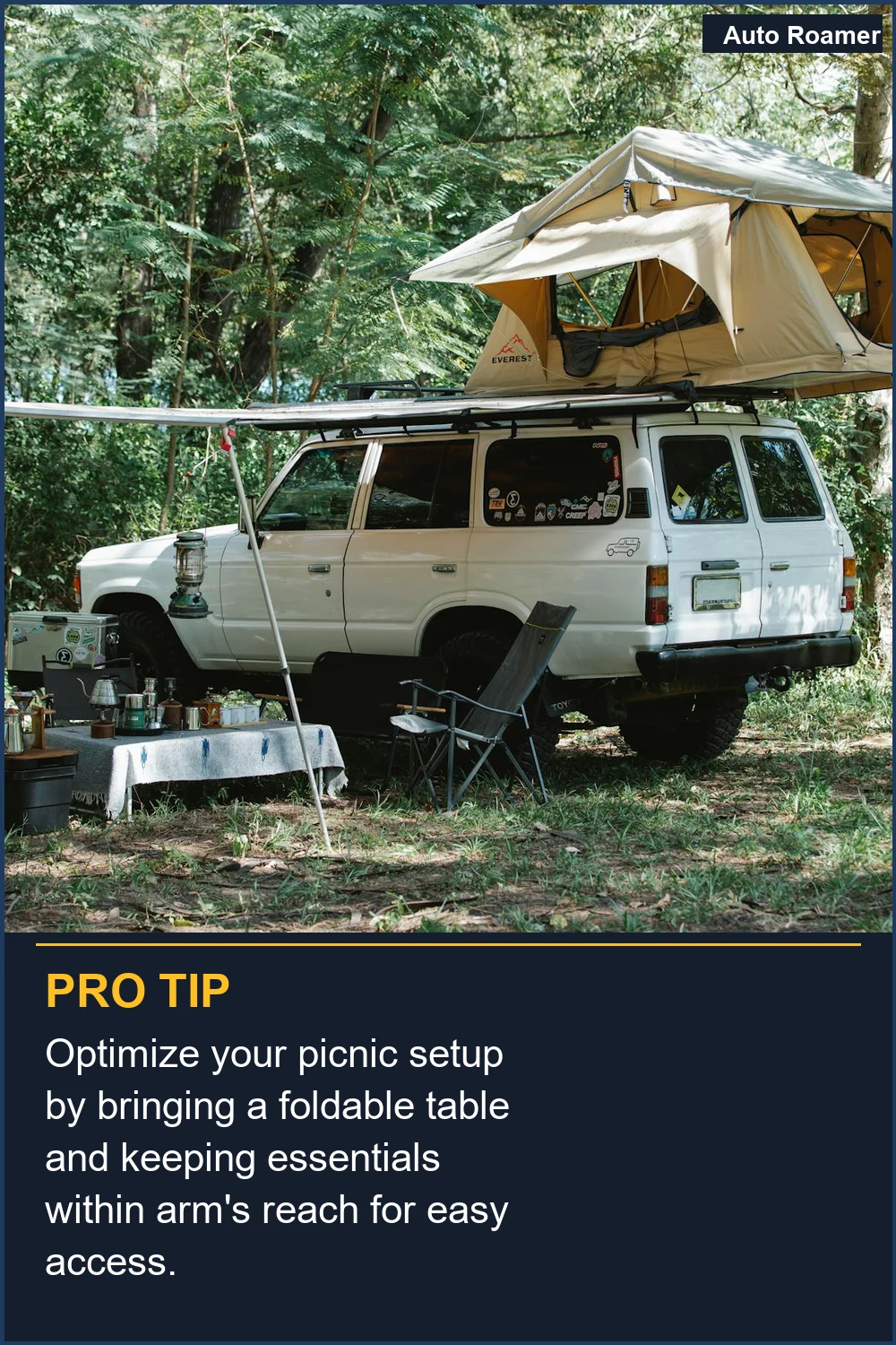 Optimize your picnic setup by bringing a foldable table and keeping essentials within arm's reach for easy access.