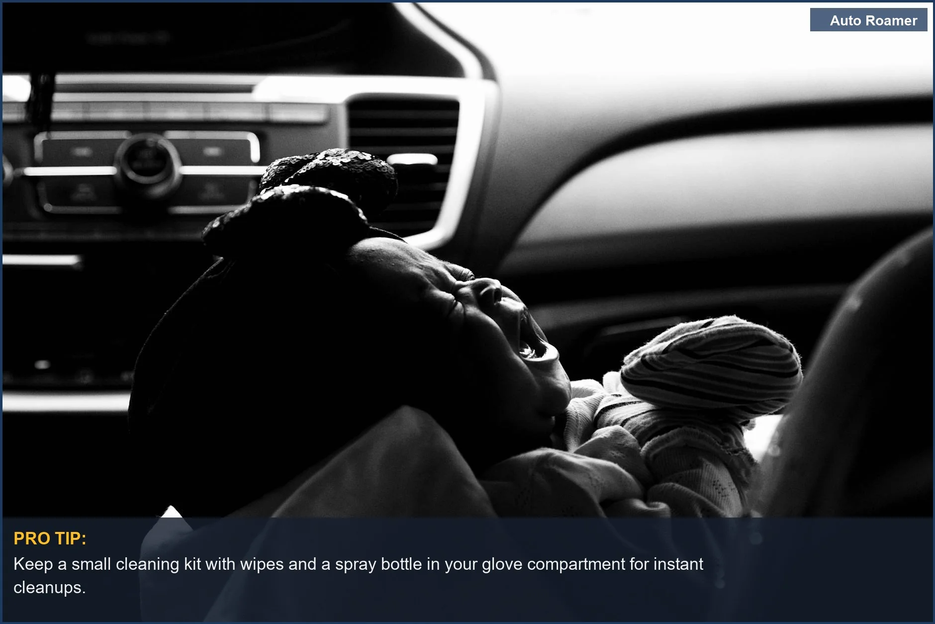 Crying baby in a car seat, symbolizing the emotional toll of dealing with child car mess and vehicle damage.