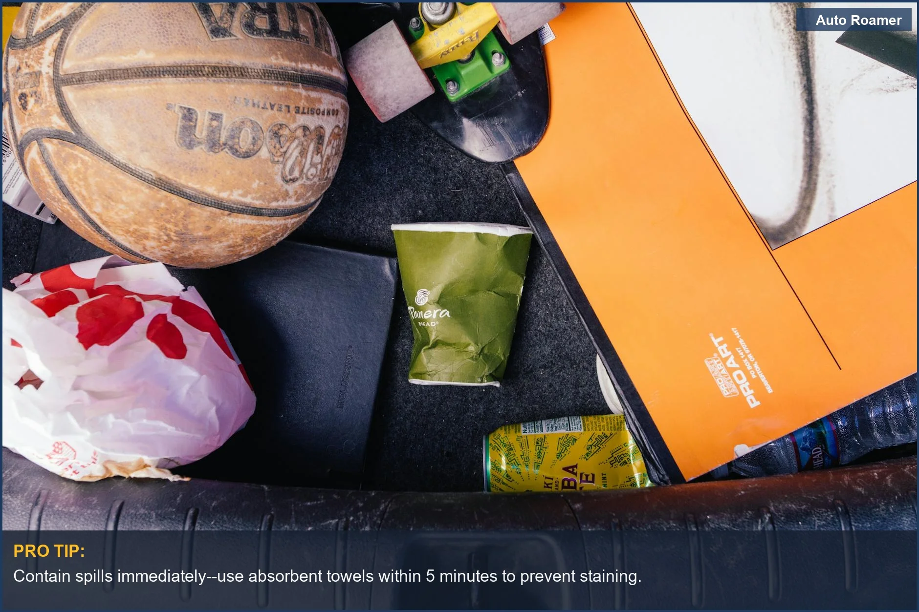 Scattered trash and papers in a messy car trunk, highlighting the chaos of child car mess.