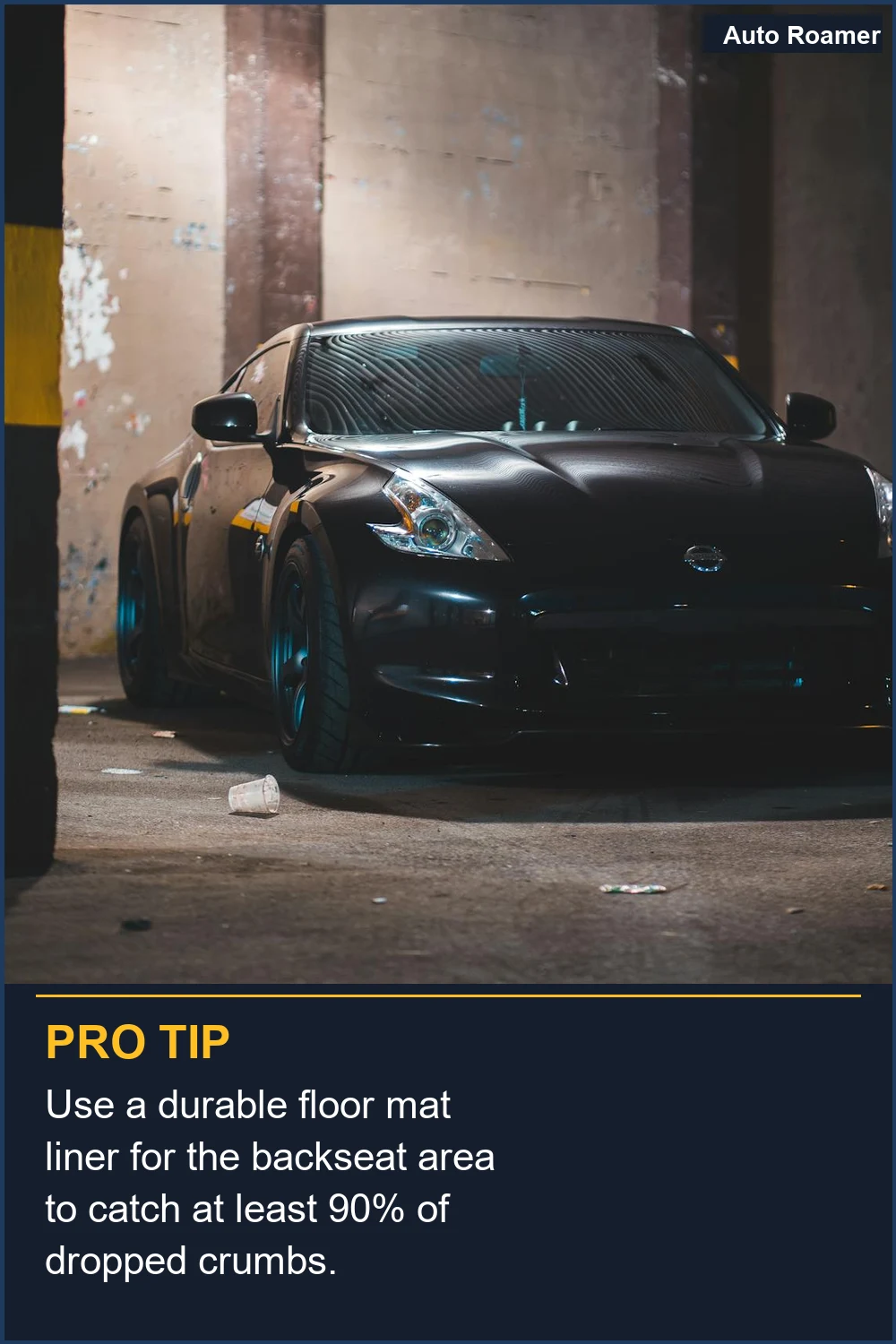 Use a durable floor mat liner for the backseat area to catch at least 90% of dropped crumbs.