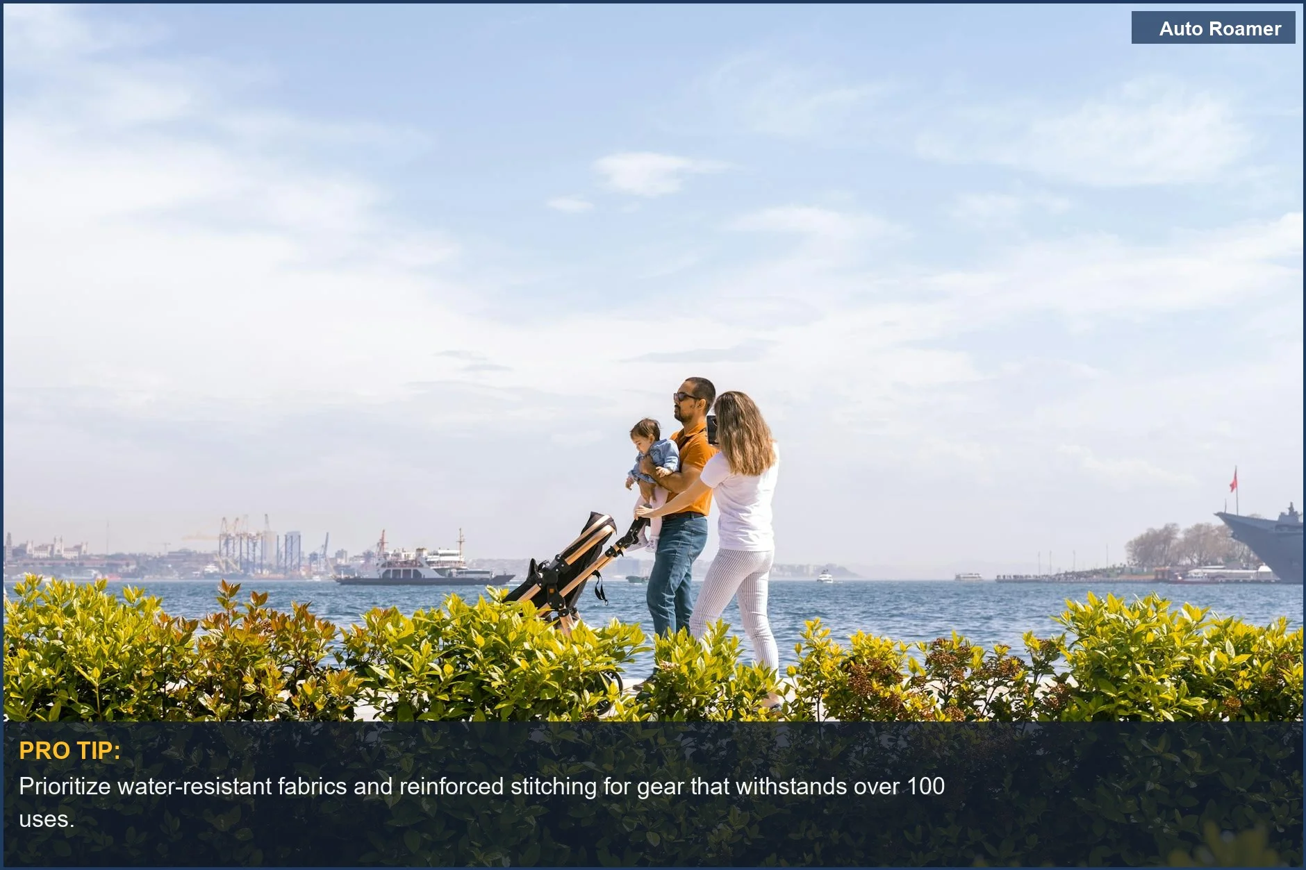 Family walking on sunny seaside promenade, showcasing durable kids travel gear for outdoor adventures.