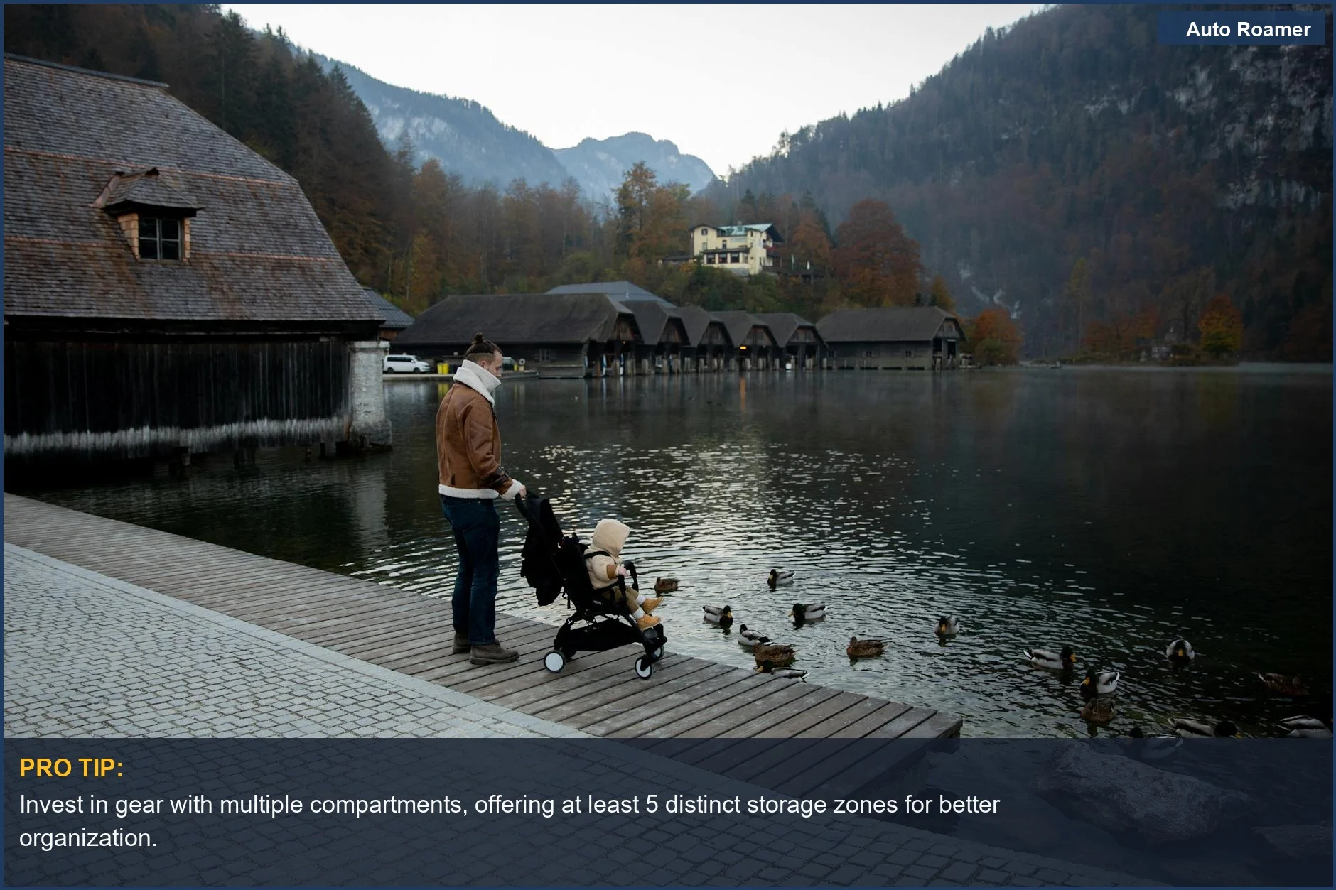 Father and child in stroller on wooden pier, looking at ducks, ideal for travel essentials for kids.