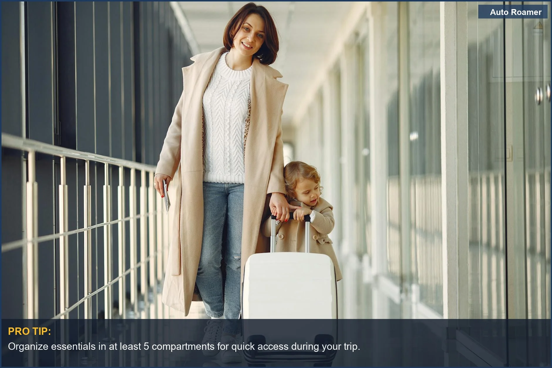 Mother and daughter with luggage, symbolizing the start of family travel with car seat organizers for children.