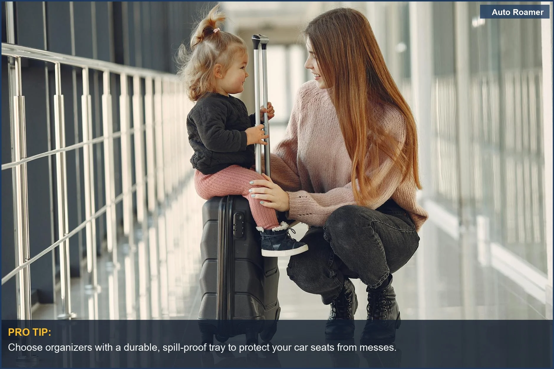 Happy child and woman with suitcase, highlighting the ease of family travel hacks with organized car spaces.
