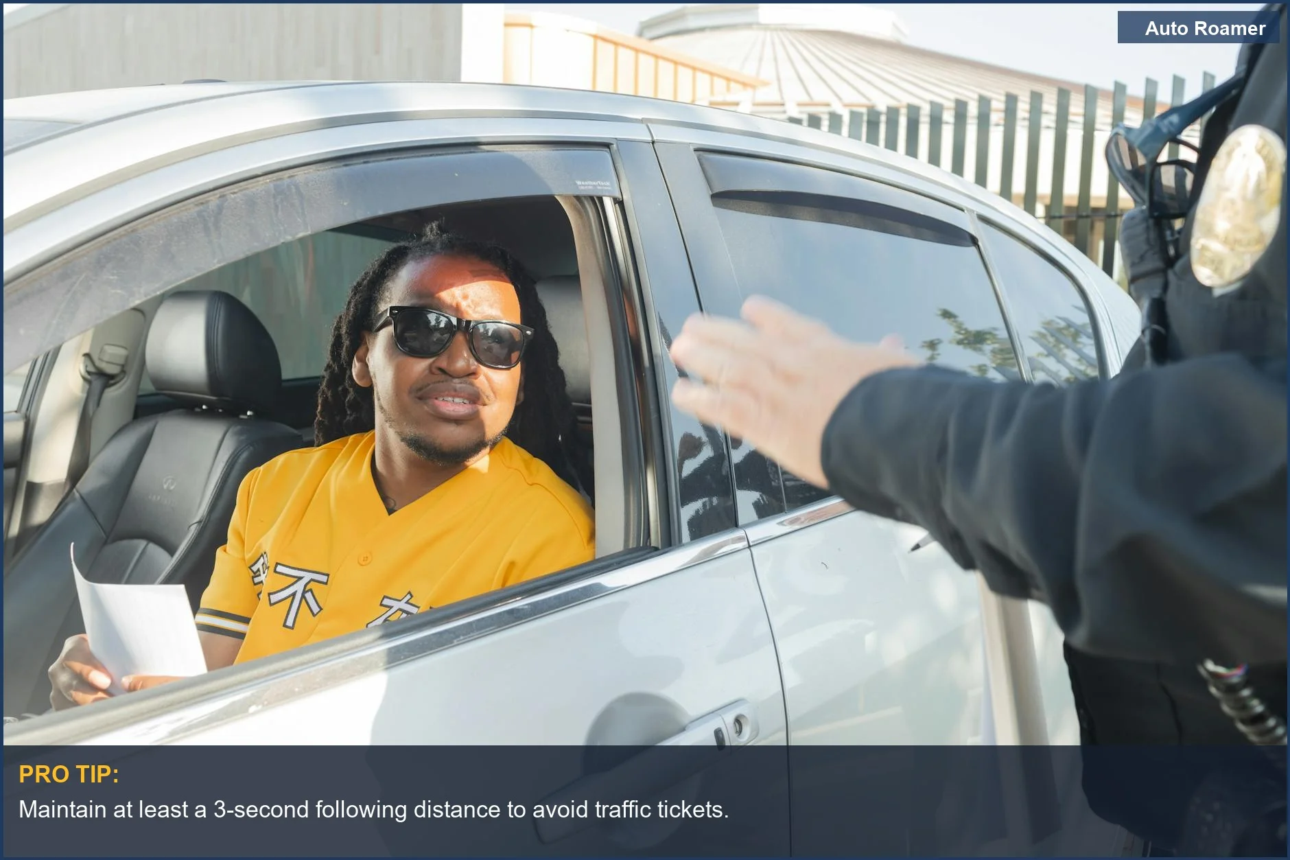 Blue Subaru WRX driving at dusk, illustrating the dangers of tailgating laws.