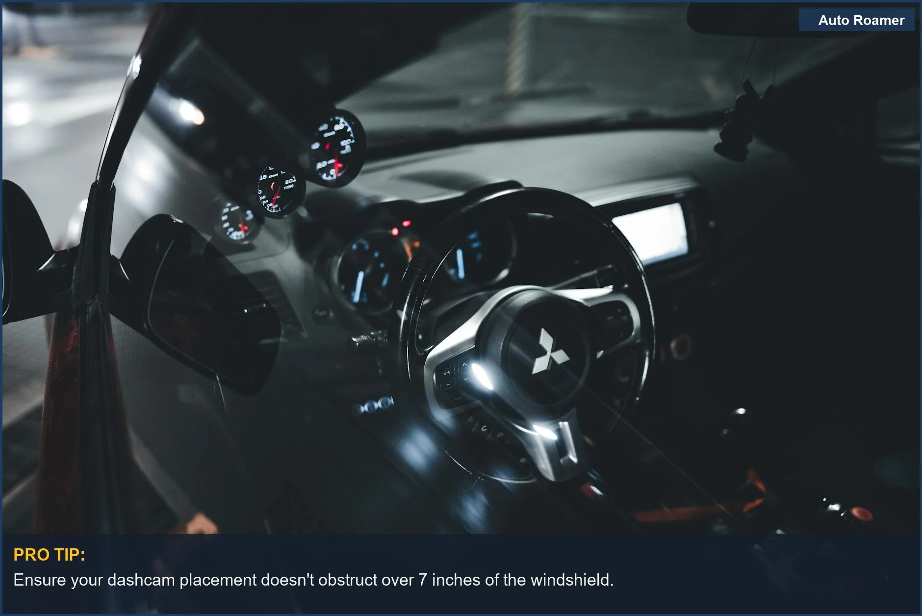 Sleek Mitsubishi car interior at night, demonstrating the context for night vision dashcam legality.