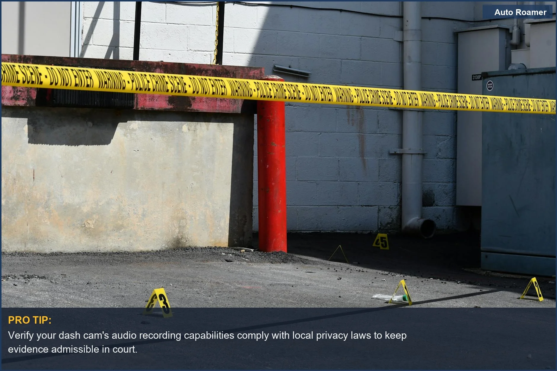 Urban crime scene with caution tape and evidence markers, showing the importance of admissible evidence.
