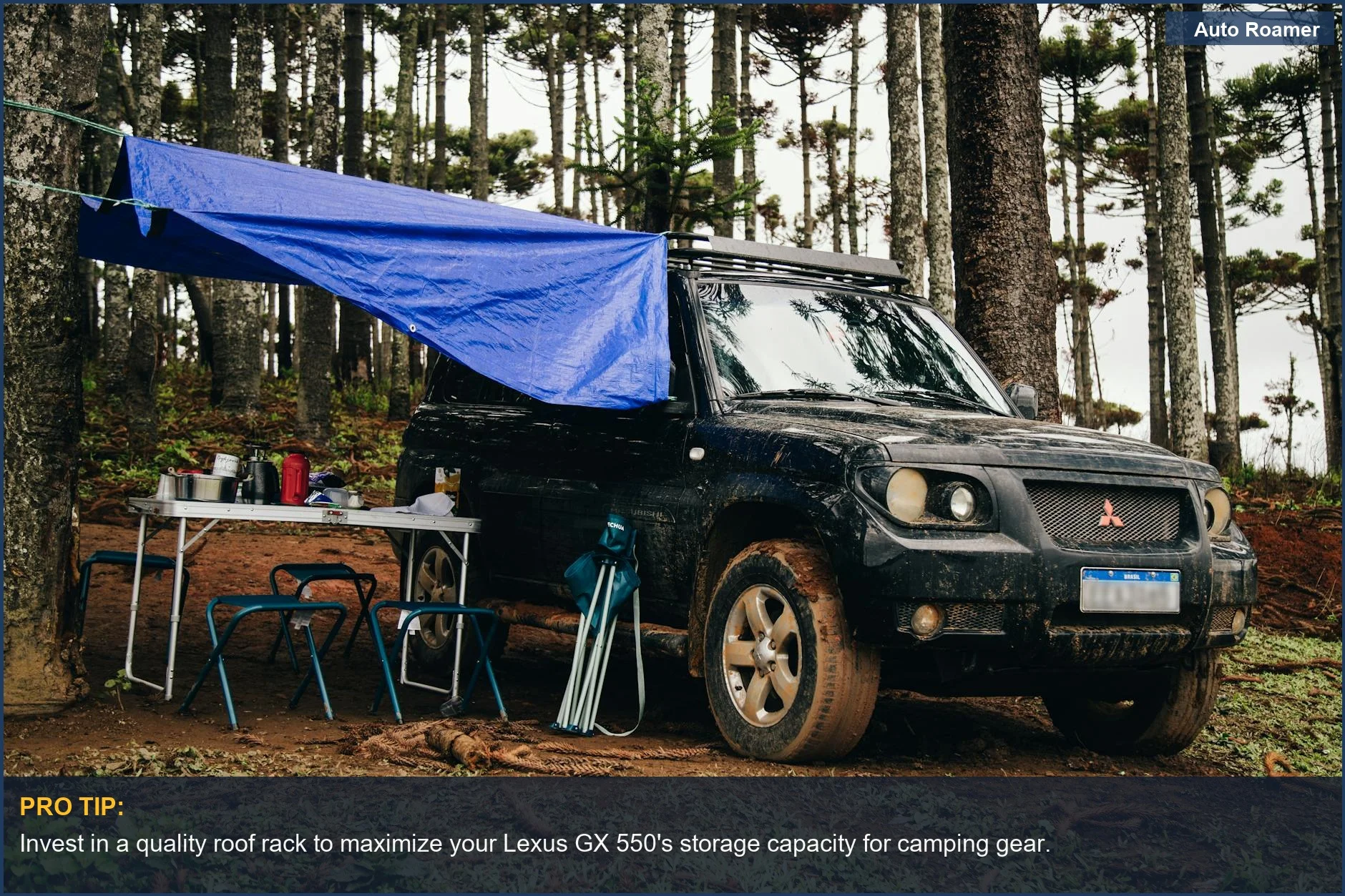 Lexus GX 550 in forest with camping gear, chairs, and tarp setup