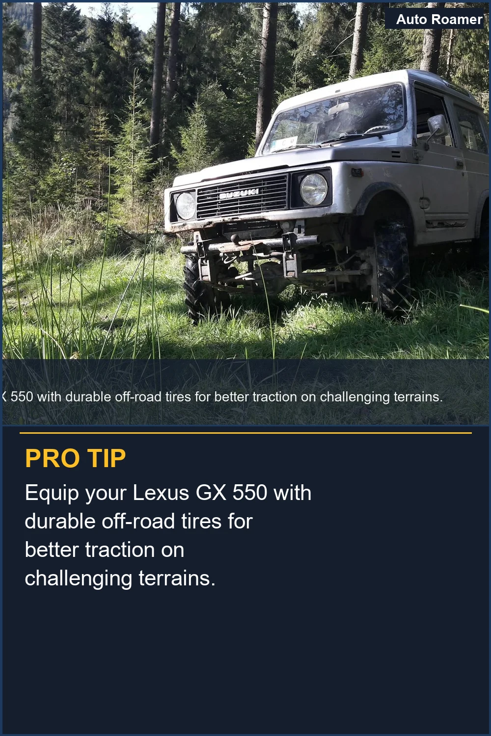Equip your Lexus GX 550 with durable off-road tires for better traction on challenging terrains.