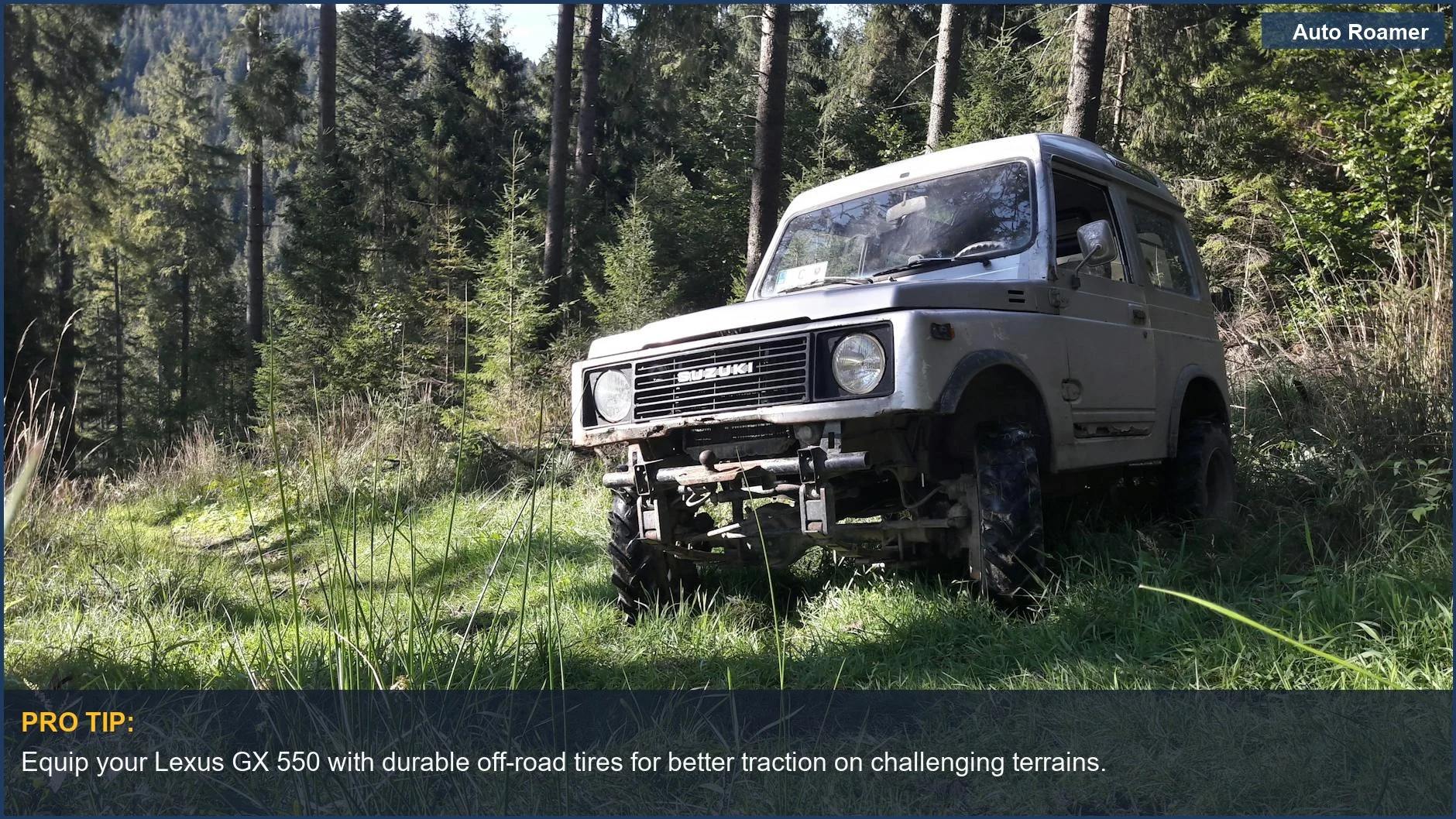 Off-road Lexus GX 550 in dense forest prepared for camping with accessories