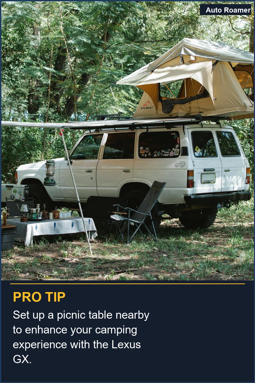 Set up a picnic table nearby to enhance your camping experience with the Lexus GX.
