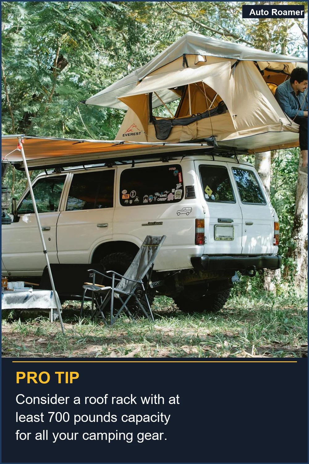 Consider a roof rack with at least 700 pounds capacity for all your camping gear.