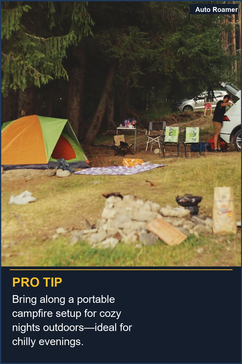 Bring along a portable campfire setup for cozy nights outdoors--ideal for chilly evenings.