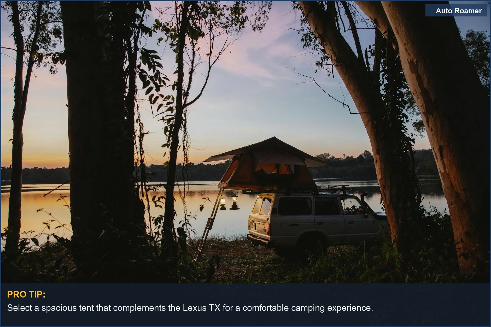 Sunset view of camping tent on Lexus TX parked by a peaceful lake