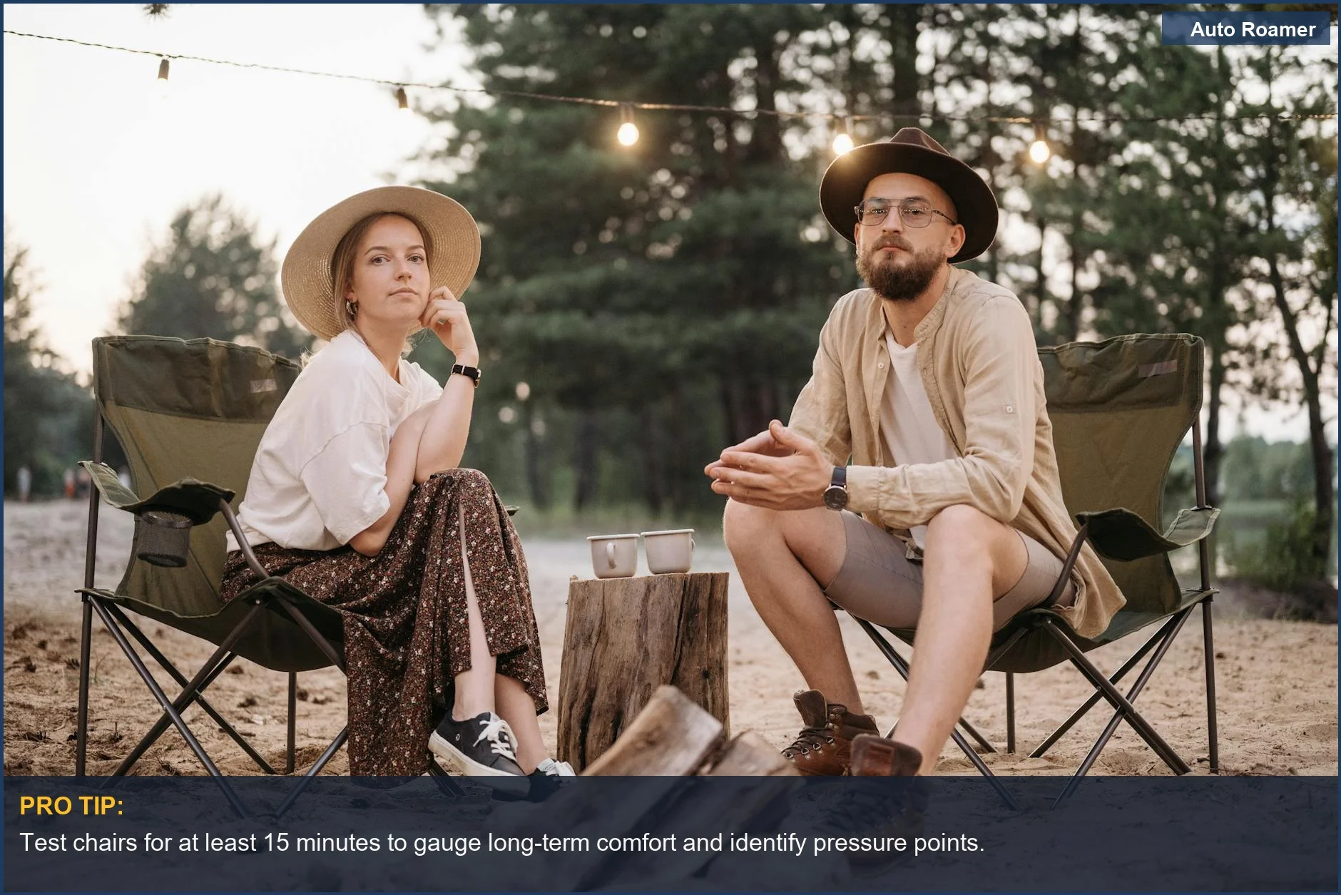 Couple relaxing in lightweight chairs at sunset in a peaceful forest.
