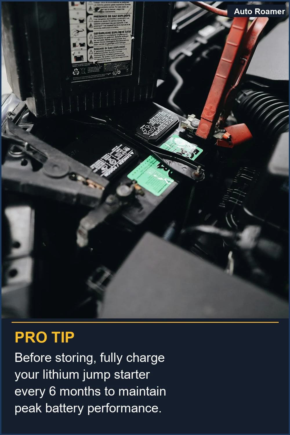 Before storing, fully charge your lithium jump starter every 6 months to maintain peak battery performance.