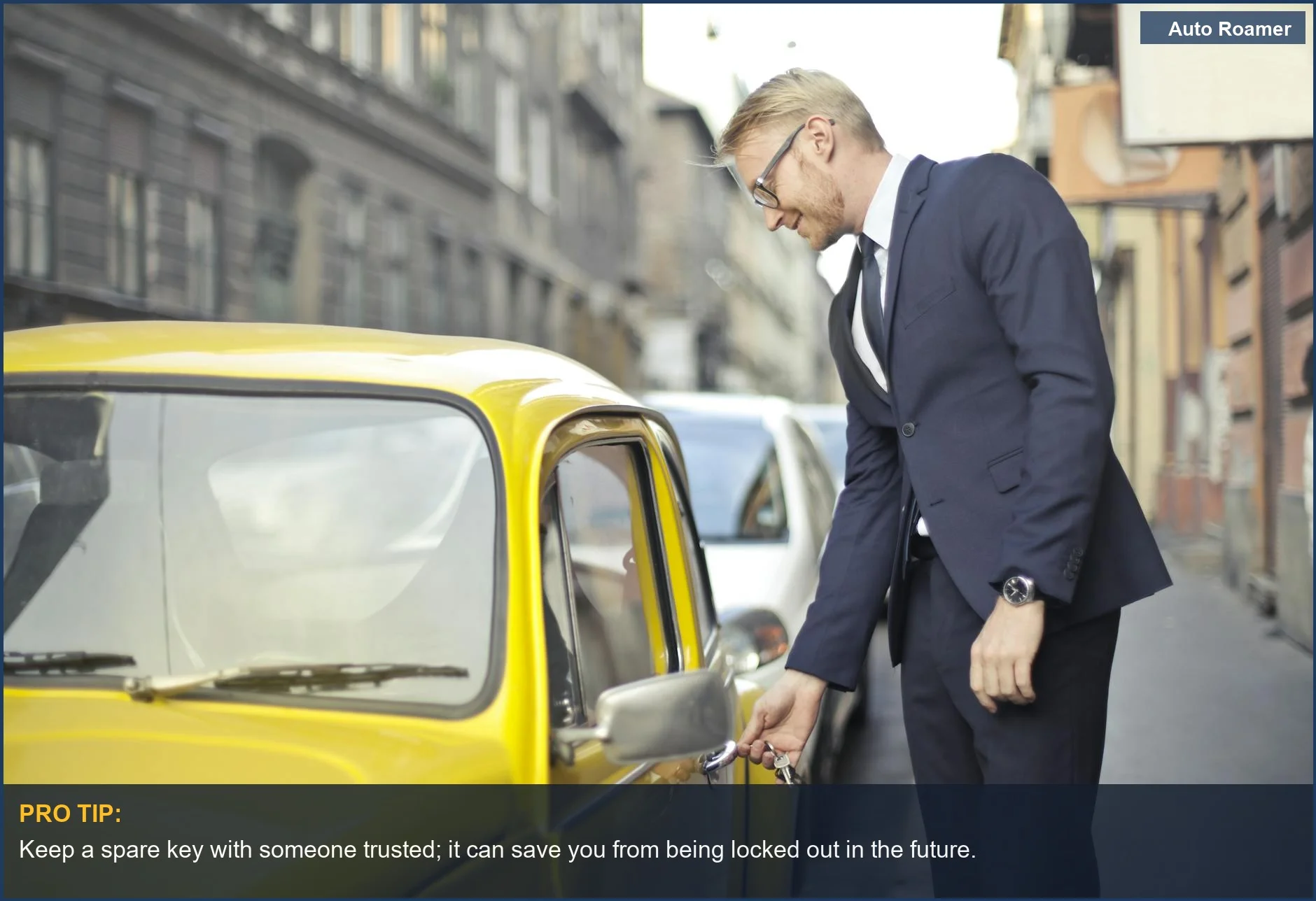 Businessman in a suit unlocking a classic yellow car, showcasing a stylish approach to retrieving keys.