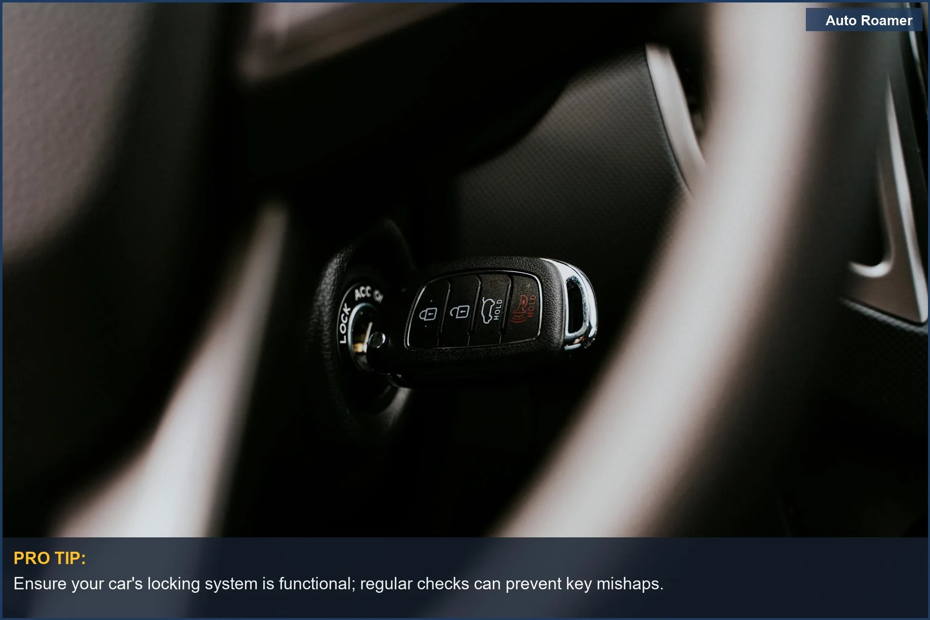 Close-up view of a car key in the ignition, highlighting automotive details and security features.