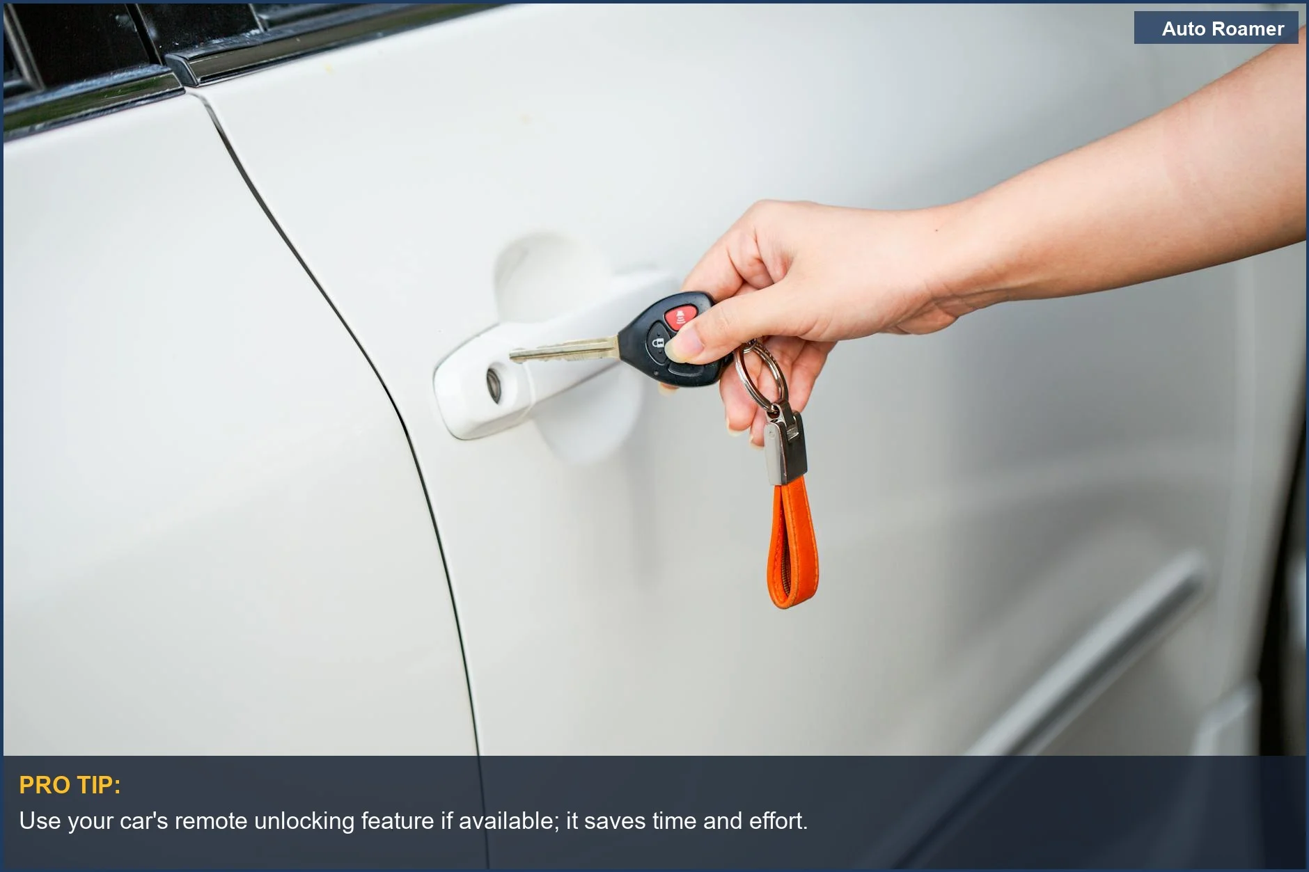 Close-up of a hand unlocking a white car door with a key, demonstrating access to locked keys in car.