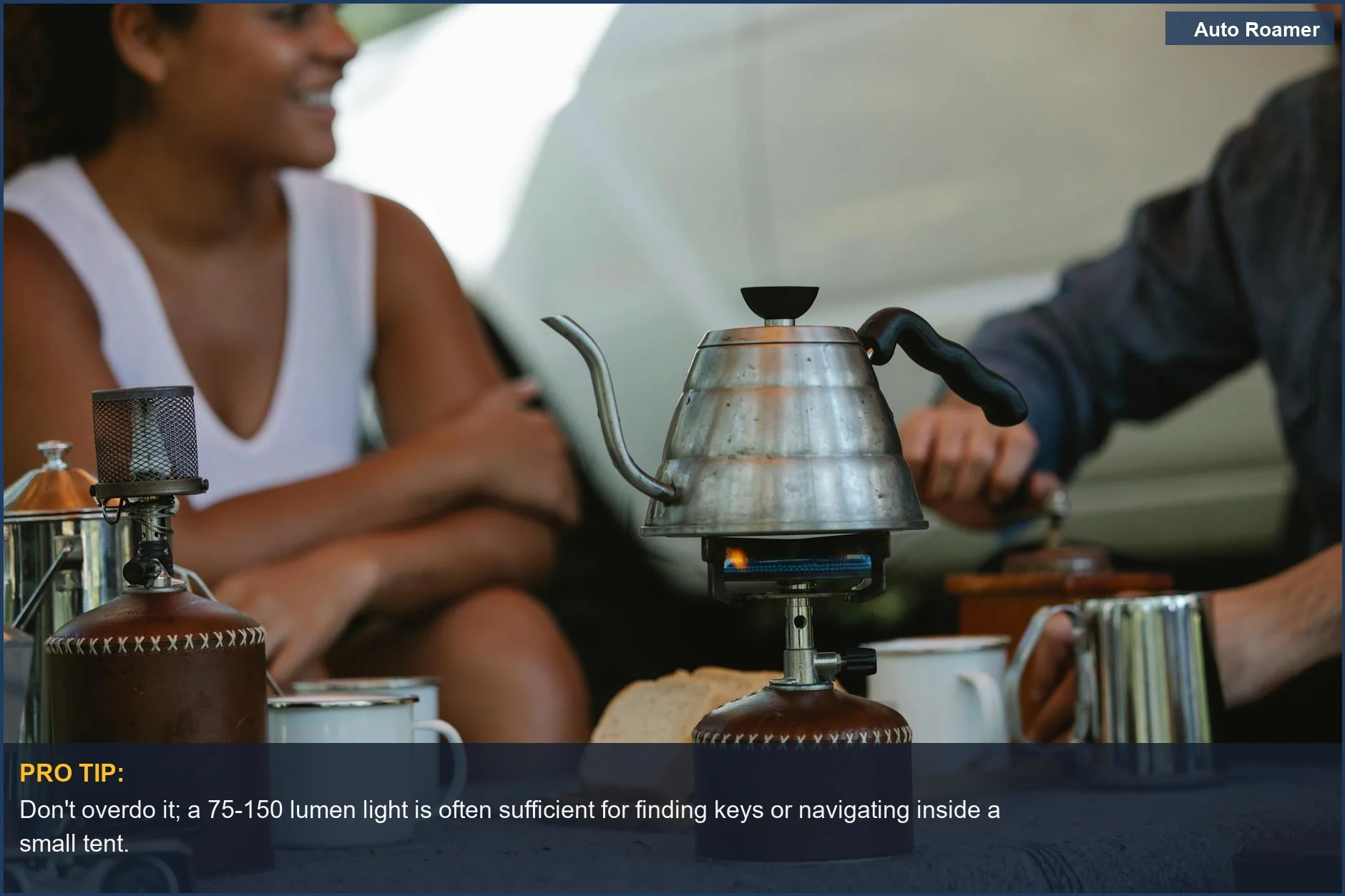 Friends enjoying coffee at a sunny campsite, showing how bright should a camping lantern be for small spaces.
