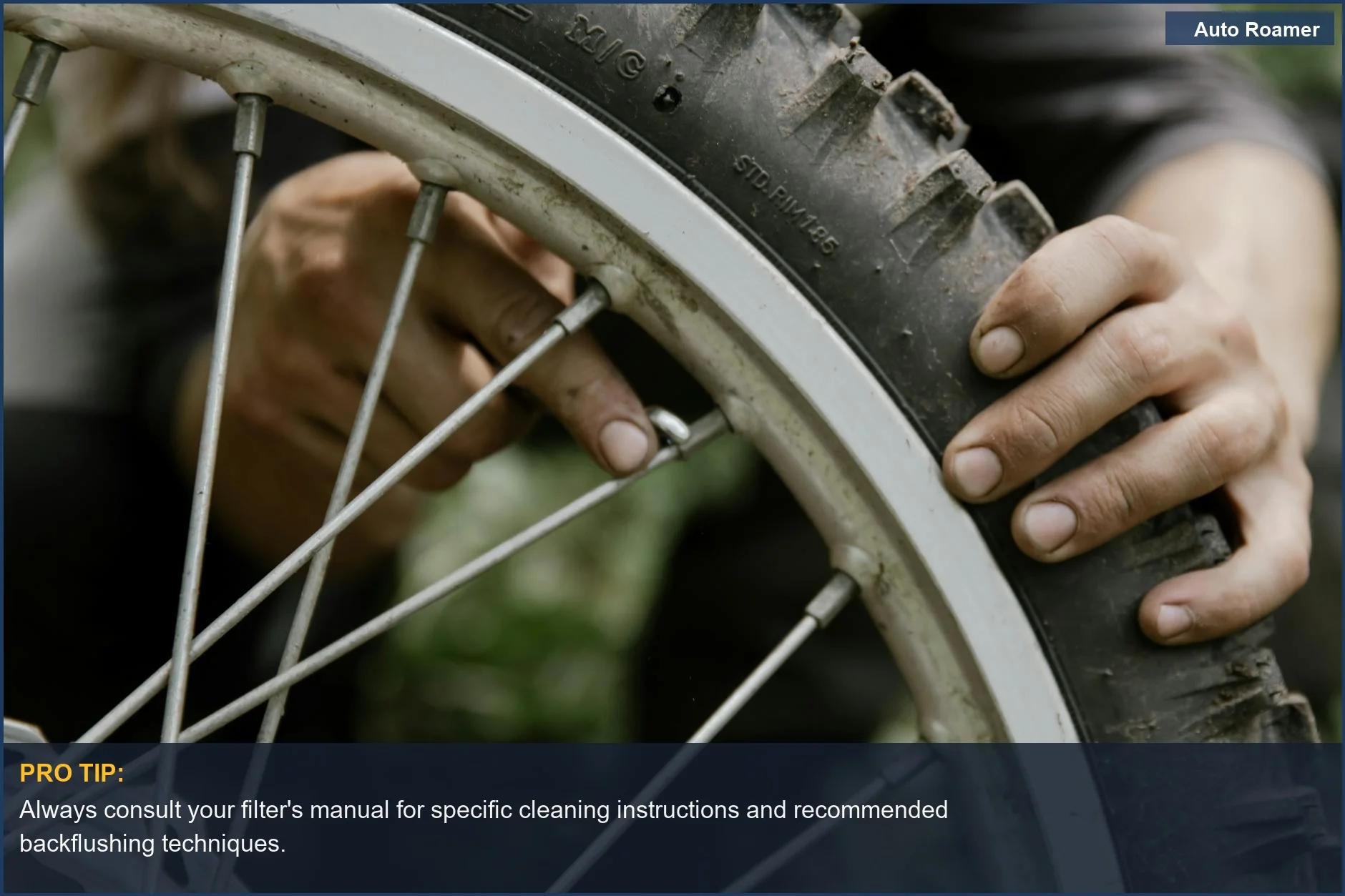 Hands repairing a bicycle tire outdoors, demonstrating the importance of following instructions for water filter maintenance.