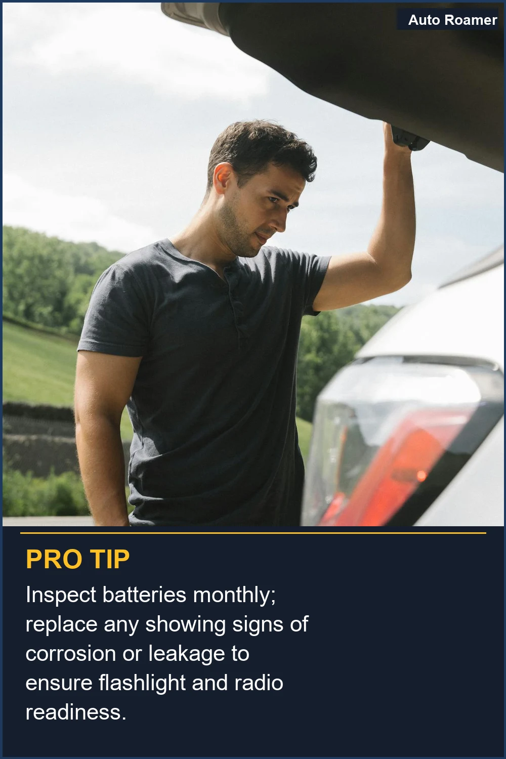 Inspect batteries monthly; replace any showing signs of corrosion or leakage to ensure flashlight and radio readiness.