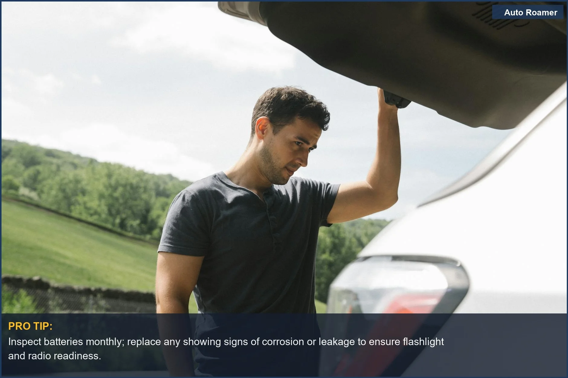 Man checks car emergency kit in open trunk, ensuring roadside preparedness.