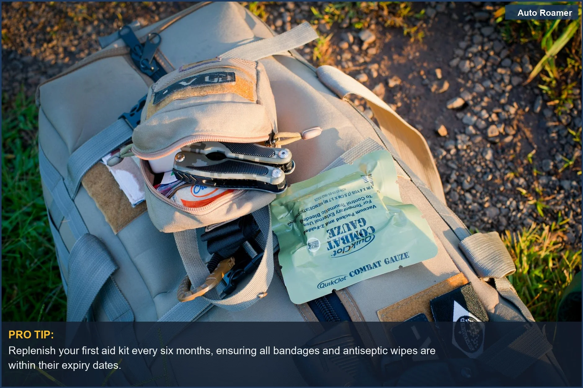 Outdoor gear including backpack and first aid kit ready for adventure, mirroring car kit readiness.