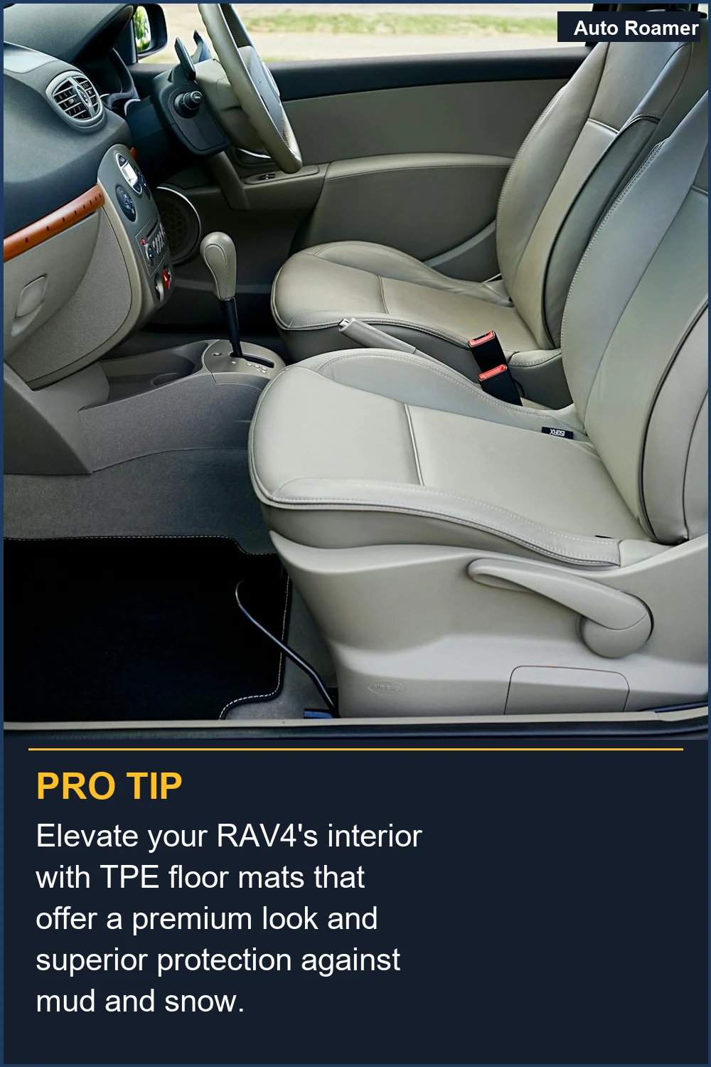 Elevate your RAV4's interior with TPE floor mats that offer a premium look and superior protection against mud and snow.