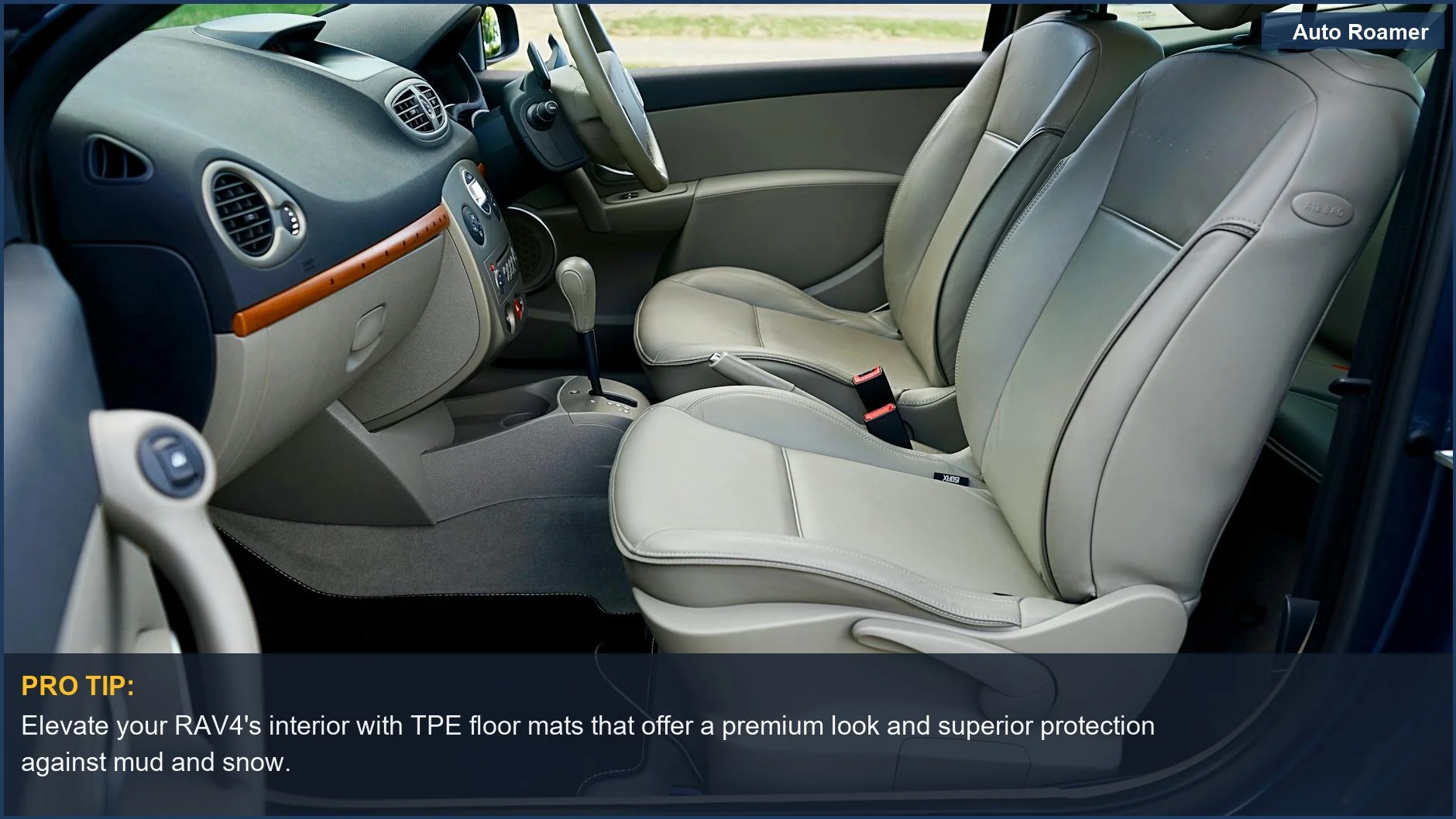 Luxurious beige leather seats and sleek dashboard in a car interior, perfect for discussing TPE floor mats for Toyota RAV4.
