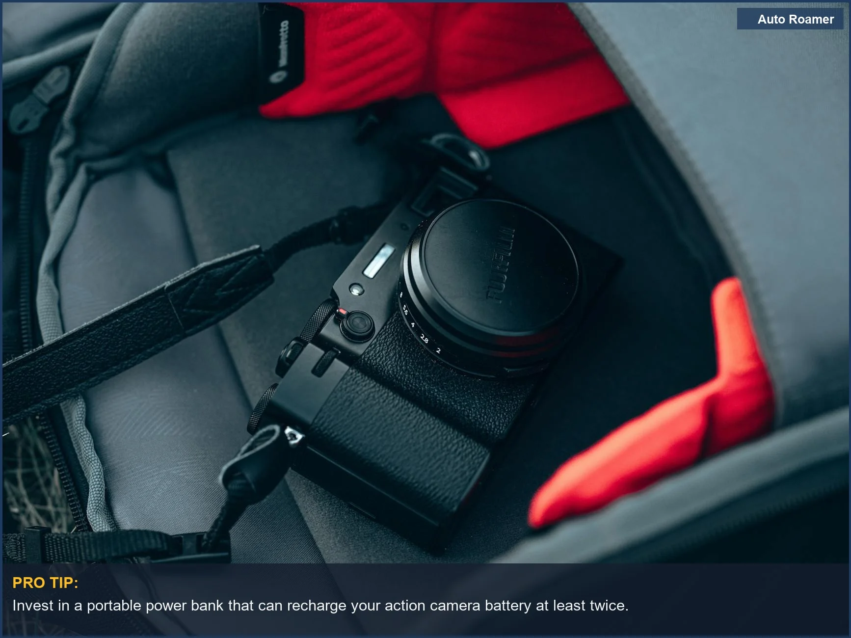 Modern action camera secured in a travel backpack, illustrating action camera battery tips.