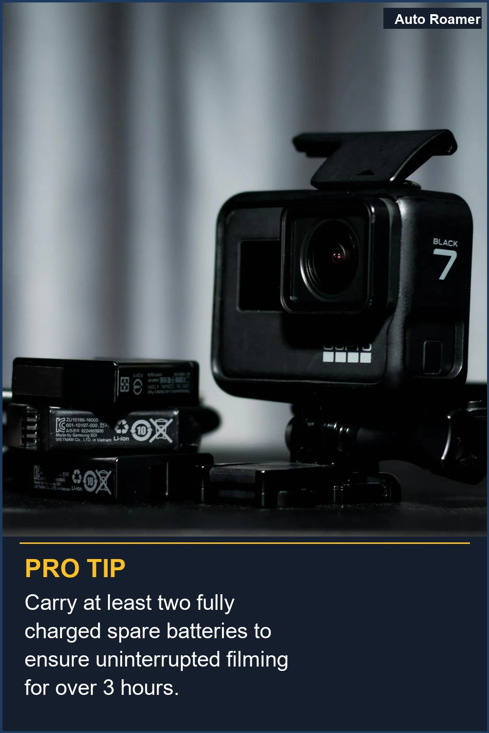 Carry at least two fully charged spare batteries to ensure uninterrupted filming for over 3 hours.