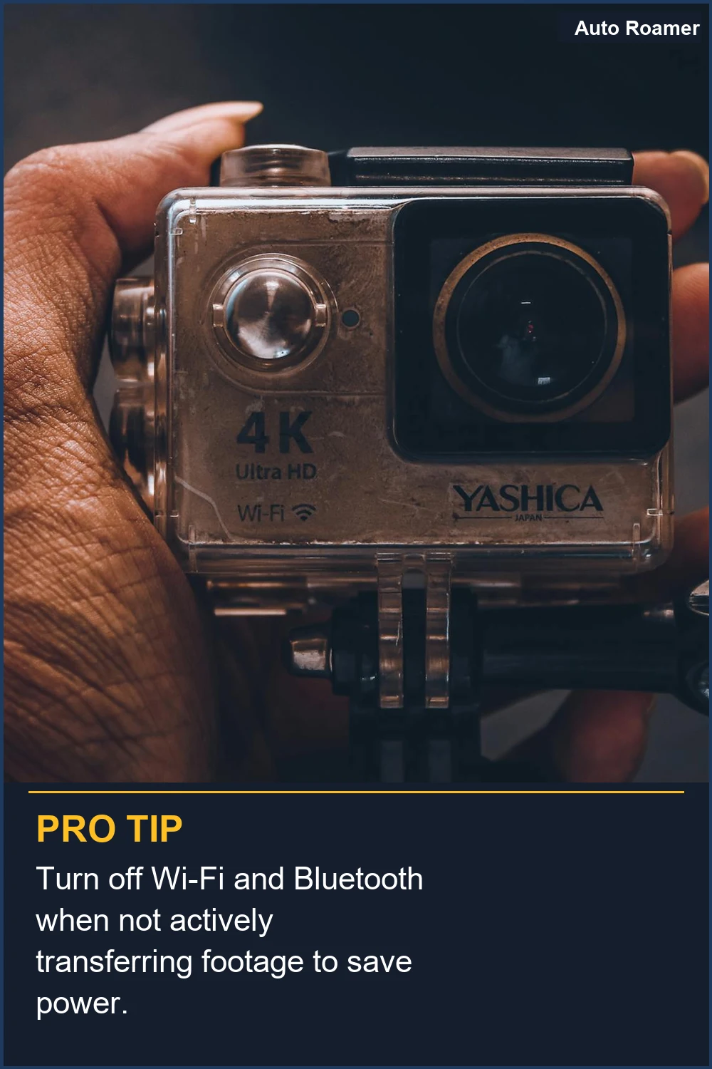 Turn off Wi-Fi and Bluetooth when not actively transferring footage to save power.