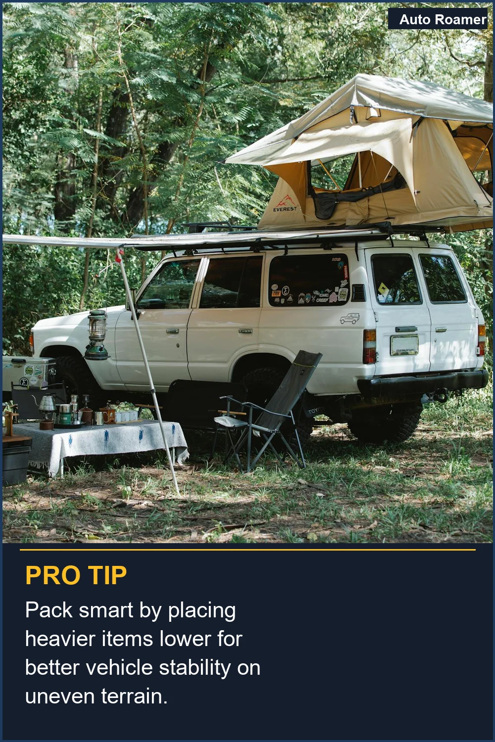 Pack smart by placing heavier items lower for better vehicle stability on uneven terrain.