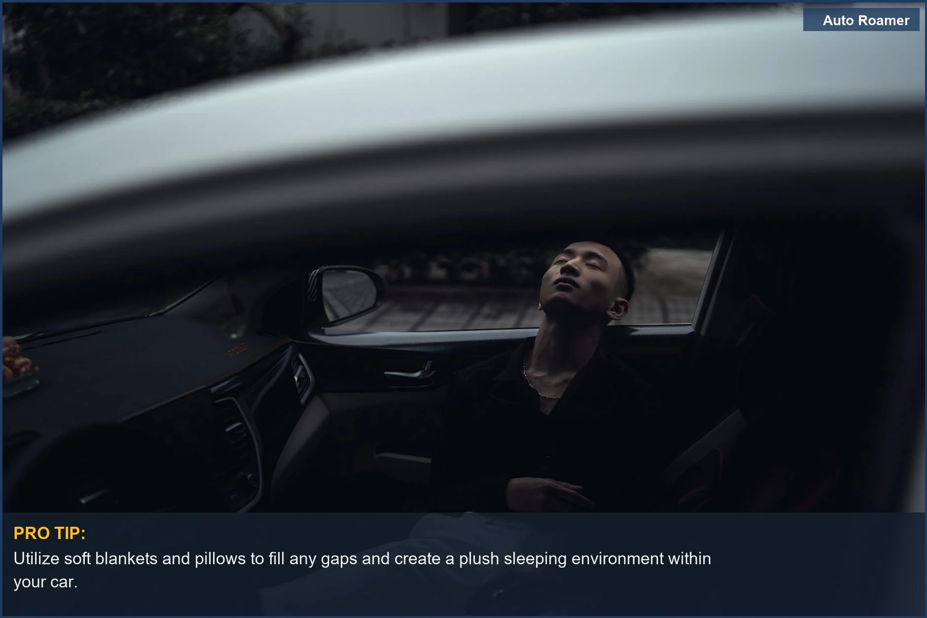 Young man relaxing and sleeping comfortably inside a modern Hyundai Tucson at night.