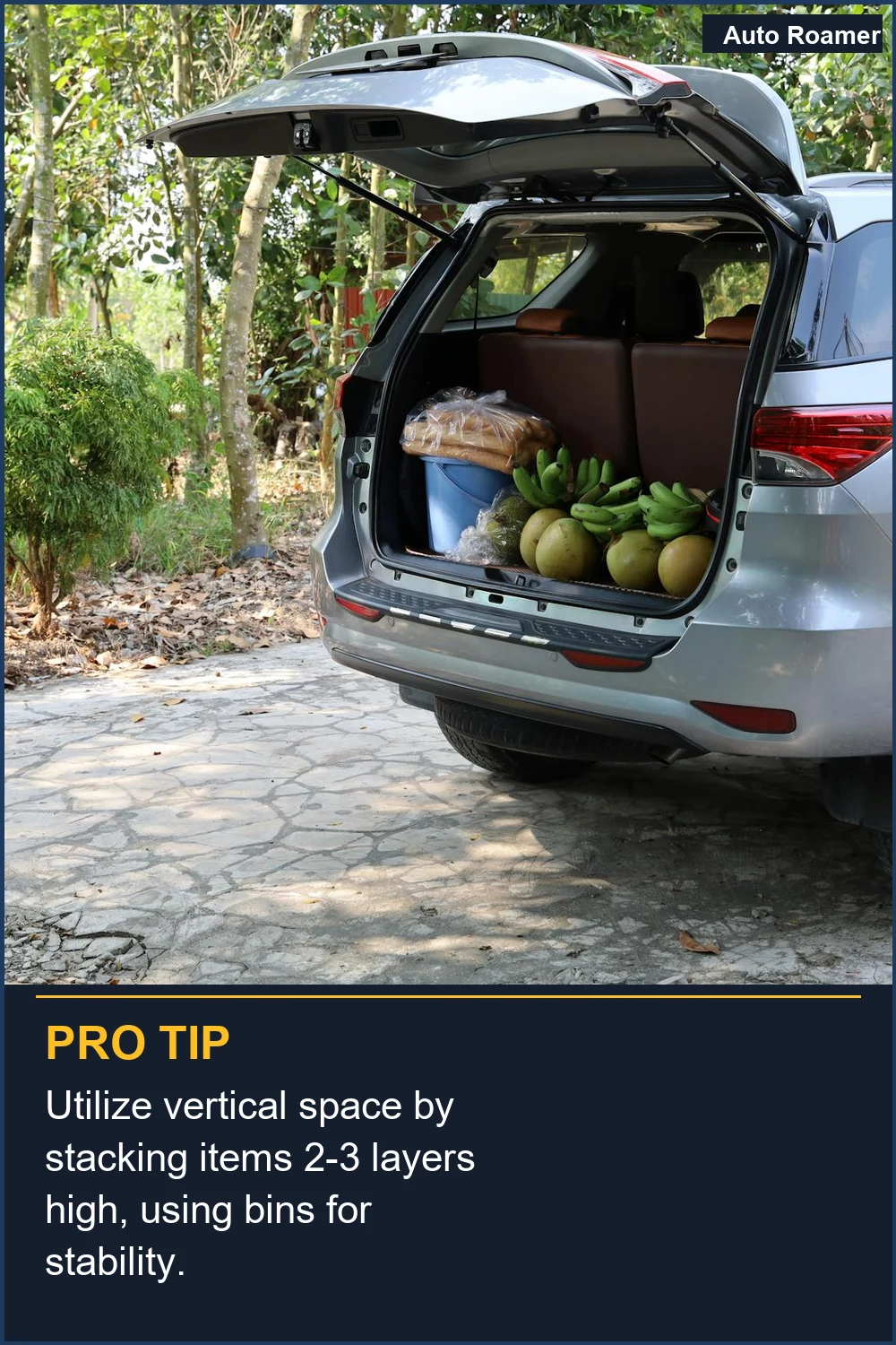 Utilize vertical space by stacking items 2-3 layers high, using bins for stability.