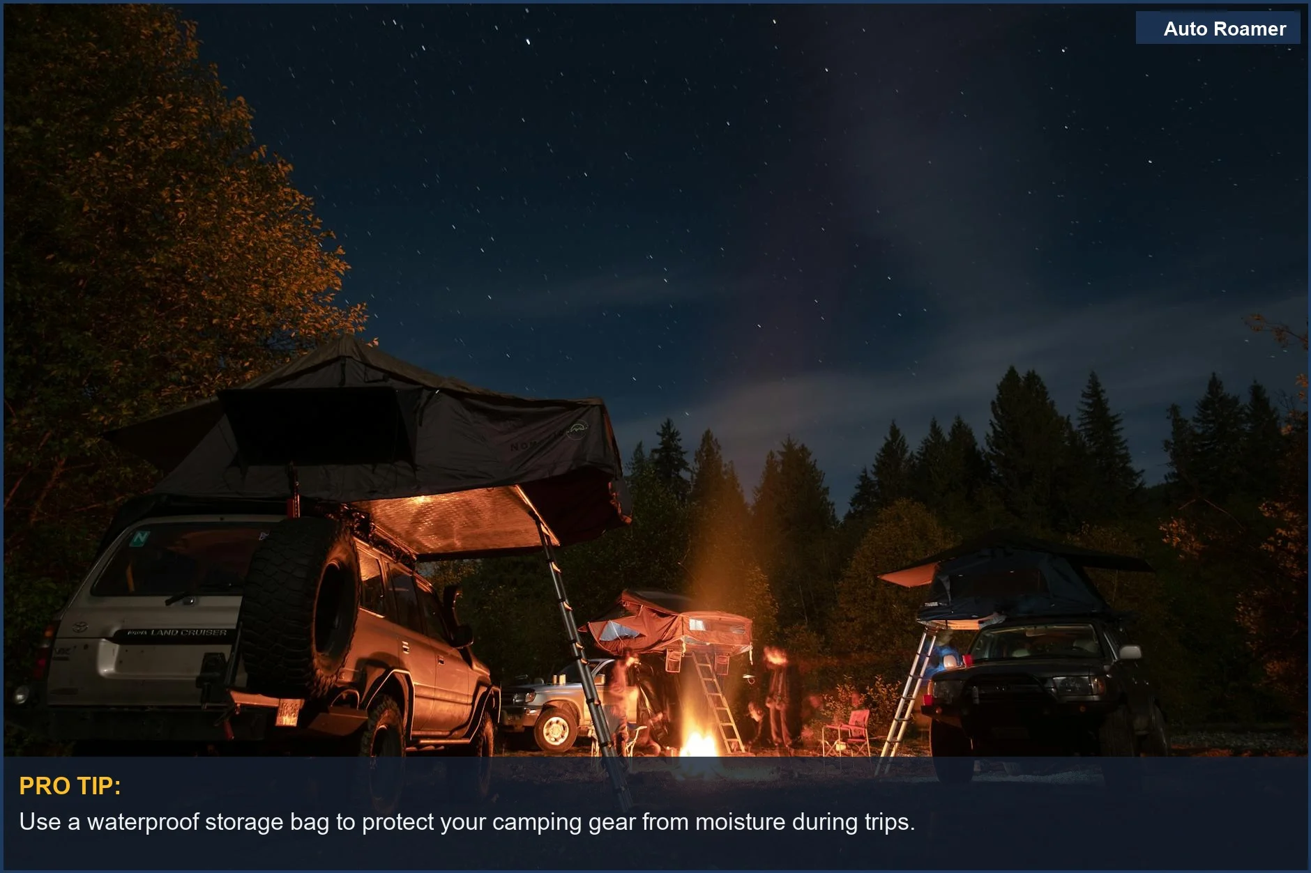 Camping scene with Mazda and tents under a starry sky and bonfire.