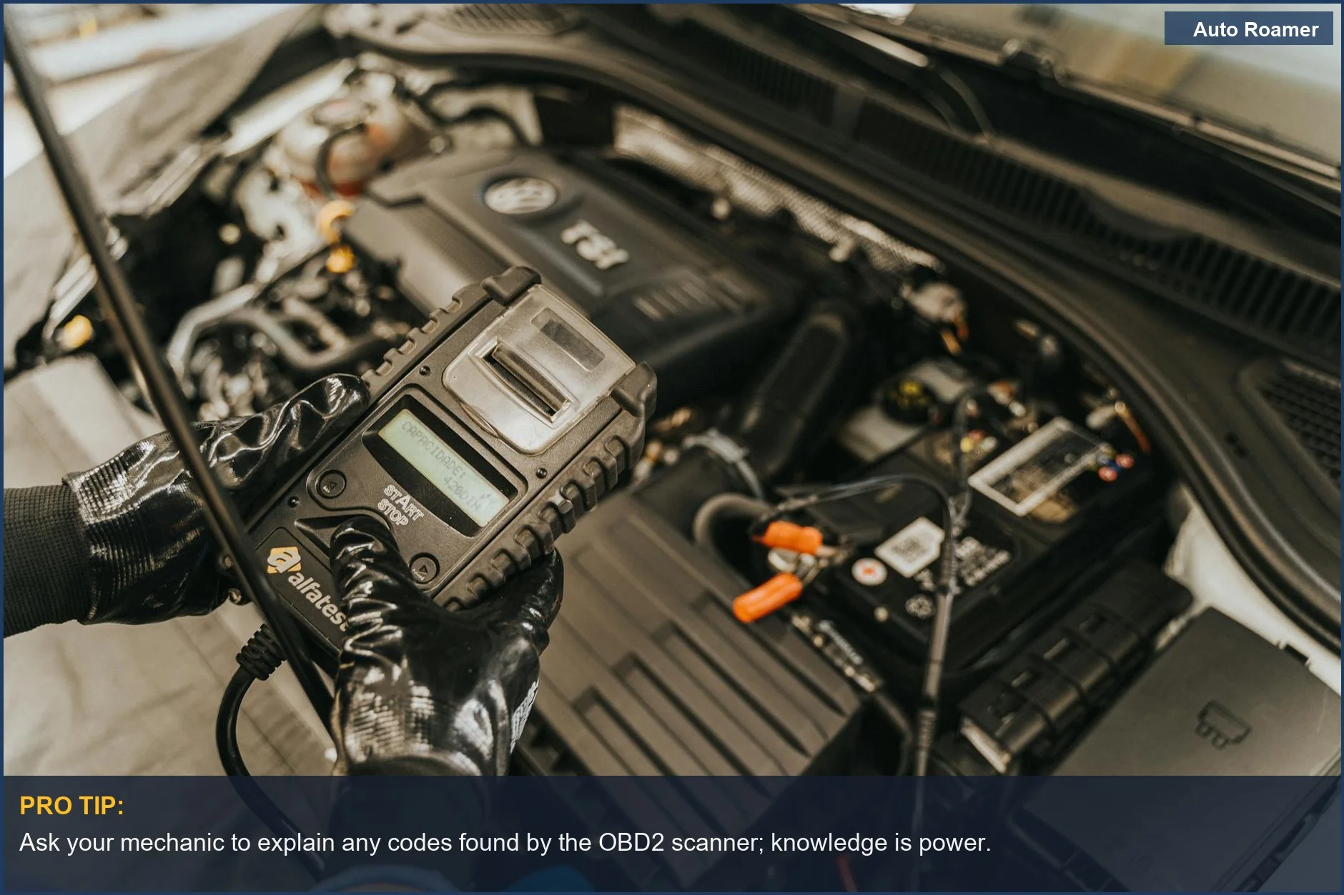 Expert mechanic diagnoses car engine with diagnostic tool during inspection.