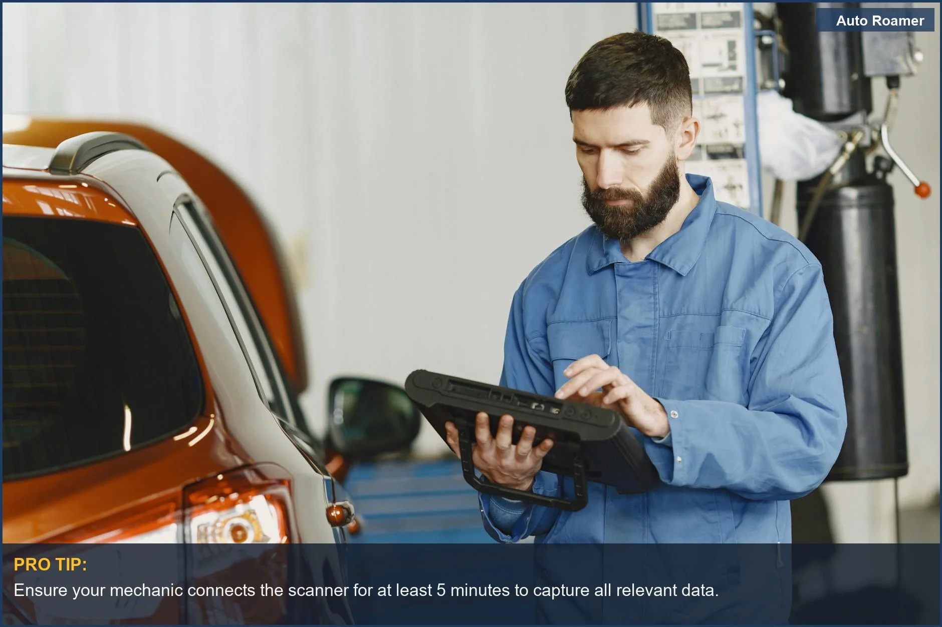 Mechanic uses OBD2 scanner during car pre-purchase inspection for vital diagnostics.