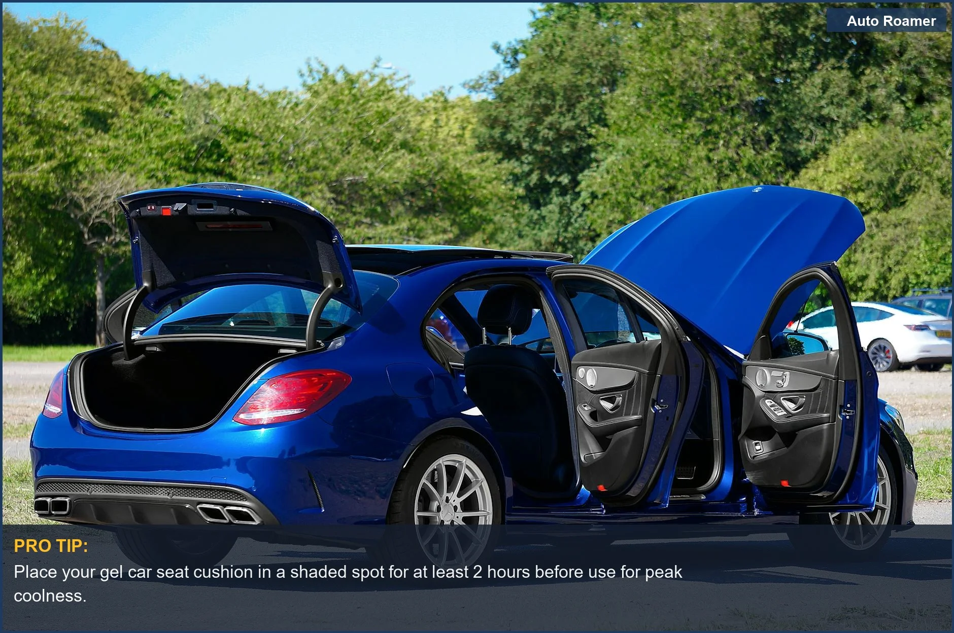 Sleek blue Mercedes-Benz with open doors, highlighting a gel car seat cushion for superior temperature regulation.