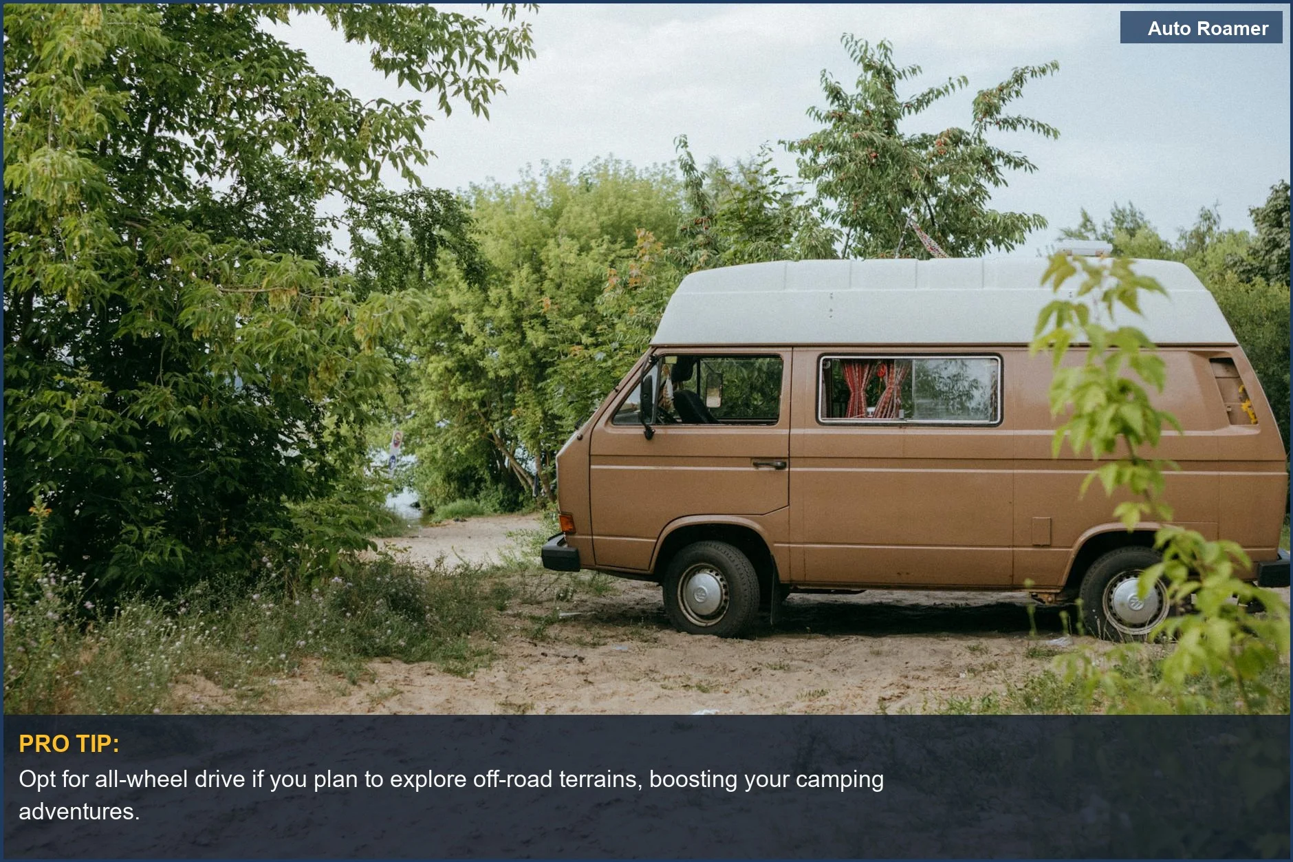 Classic brown Mercedes-Benz camping van located on sandy ground amid lush greenery.