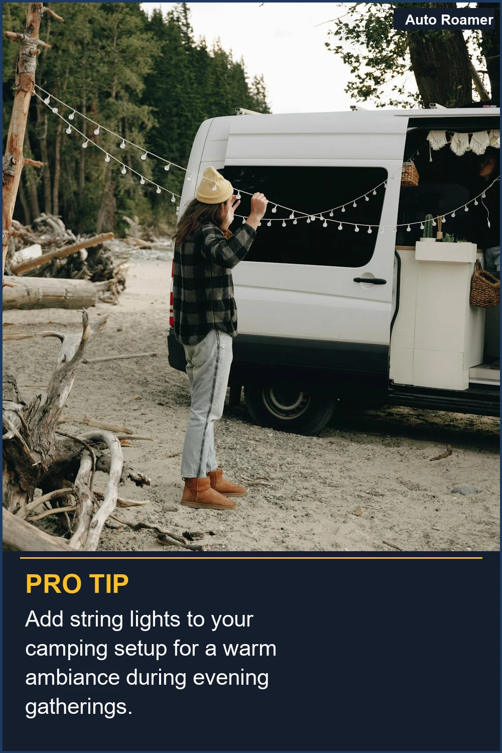 Add string lights to your camping setup for a warm ambiance during evening gatherings.