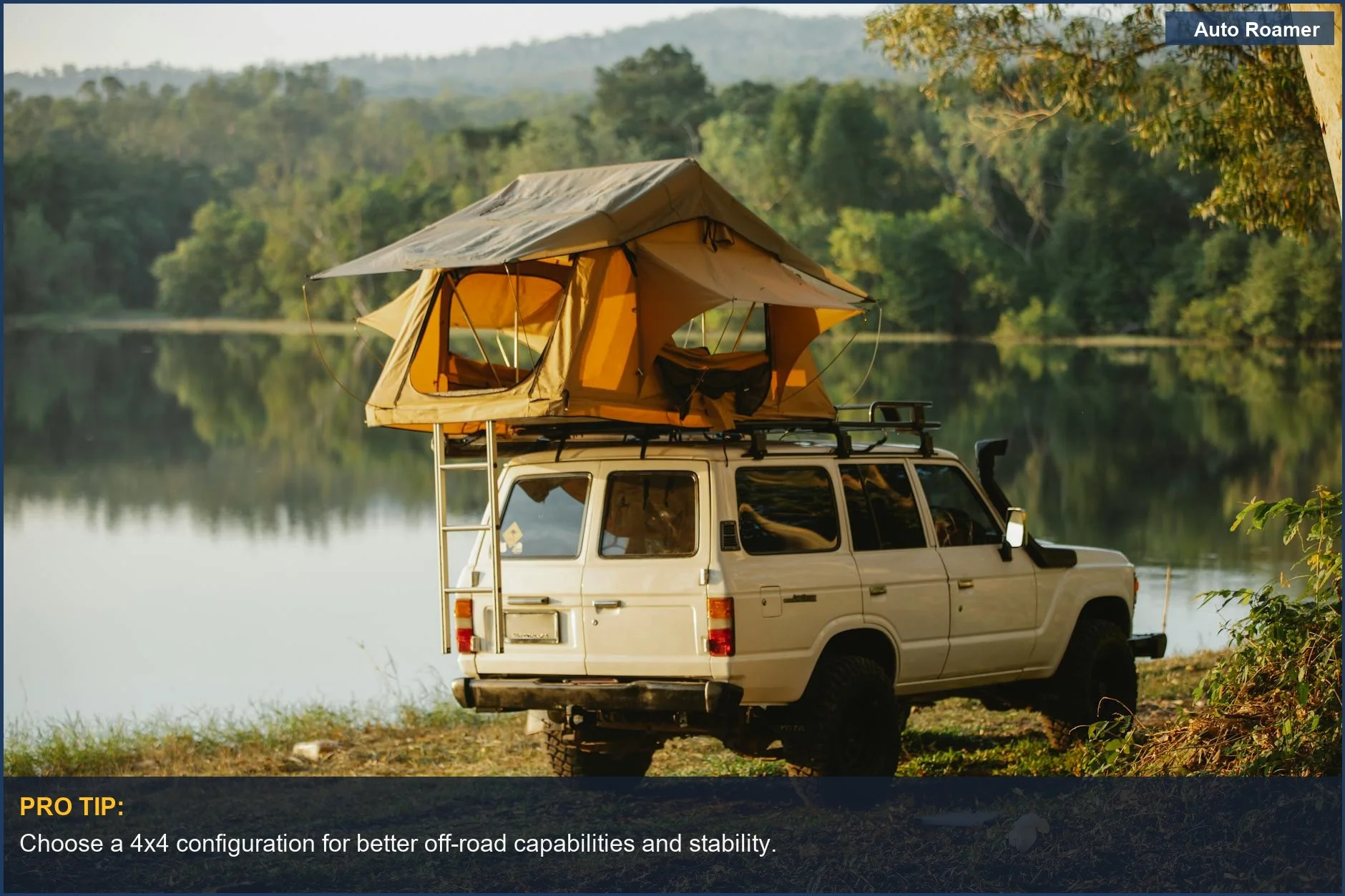Mercedes Benz camping vehicle parked by a serene lake in a forest setting.