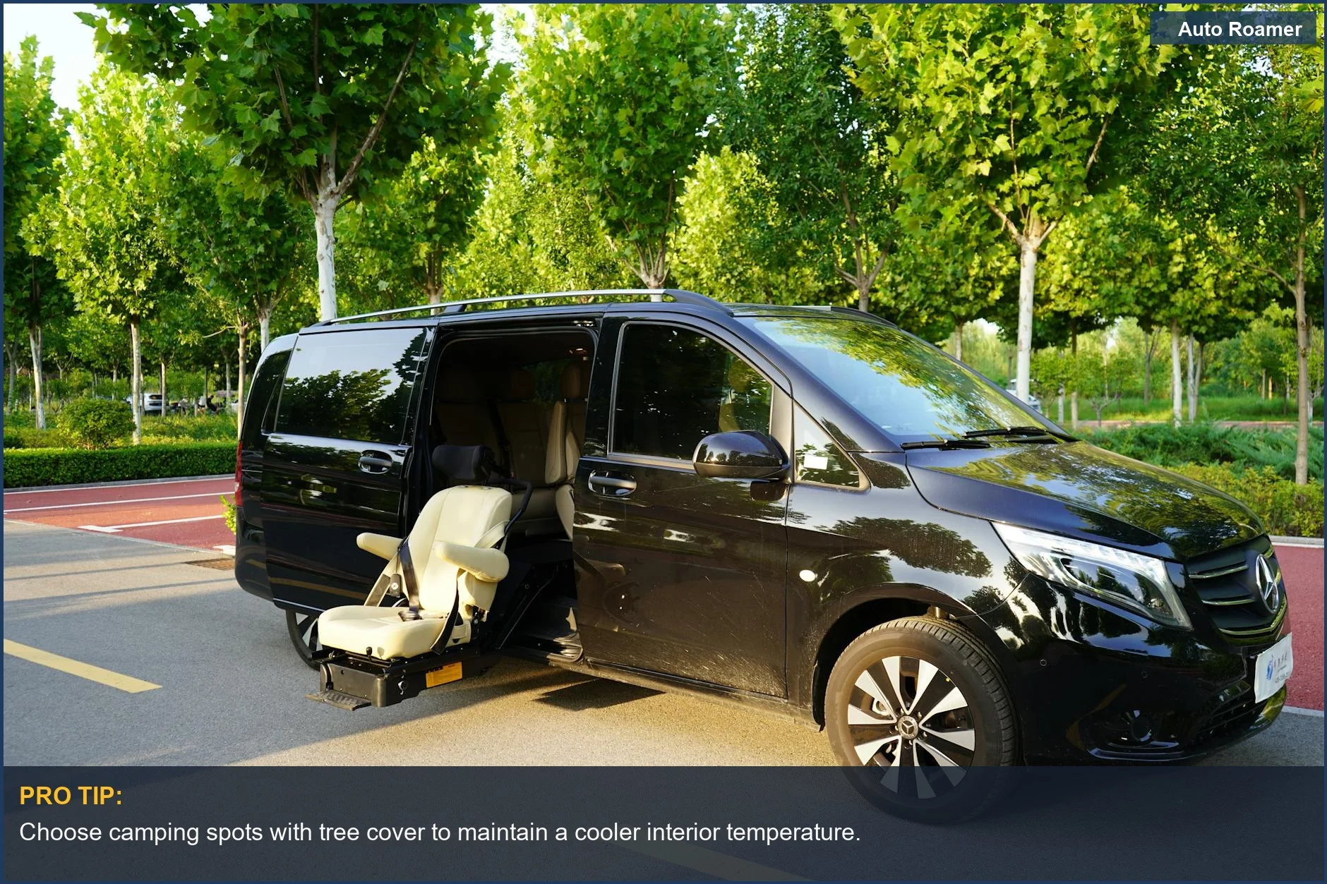 Elegant black Mercedes van parked in a sunlit area, ideal for camping trips.