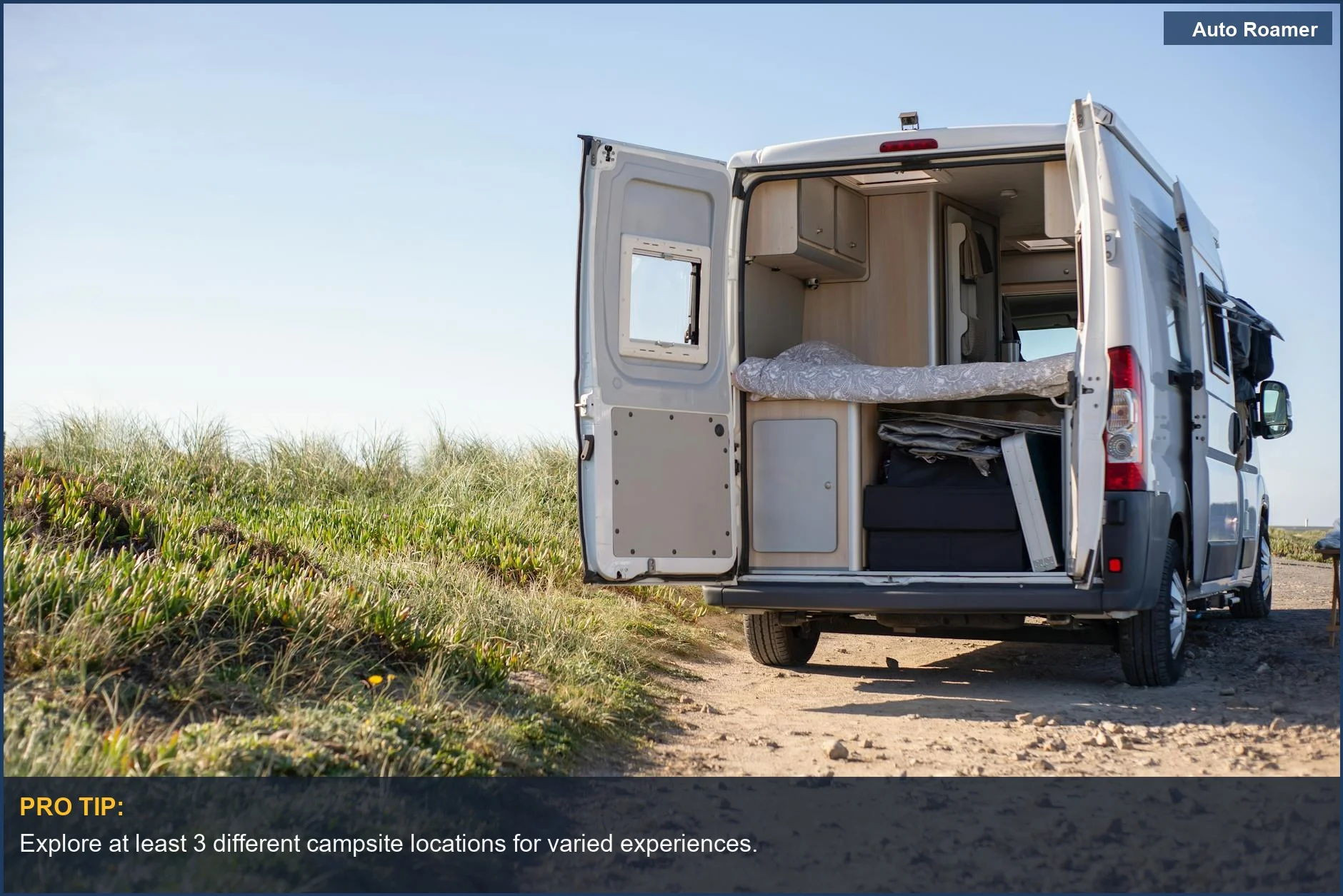 Open Mercedes-Benz camper van in nature, showcasing a luxurious camping experience.